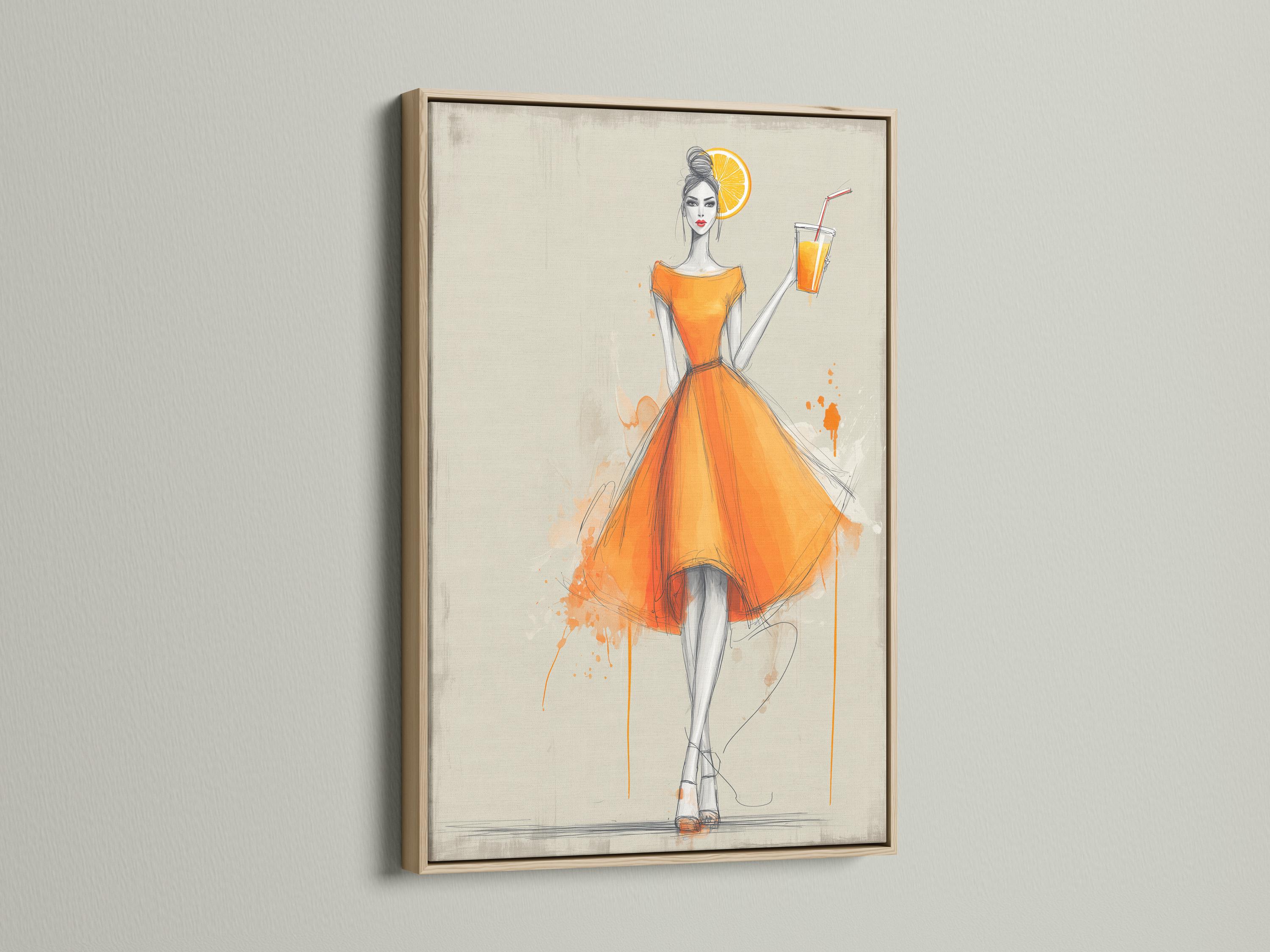 Stylised woman in an orange dress holding a drink with an orange slice against a pale background detail view