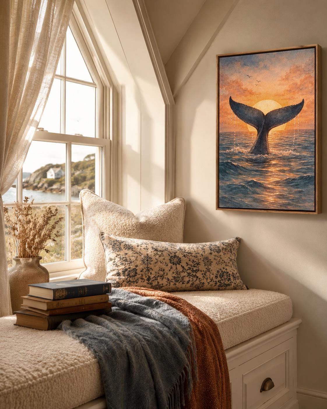 Whale tail sunset artwork hanging in a coastal cafe setting with signs and shelves
