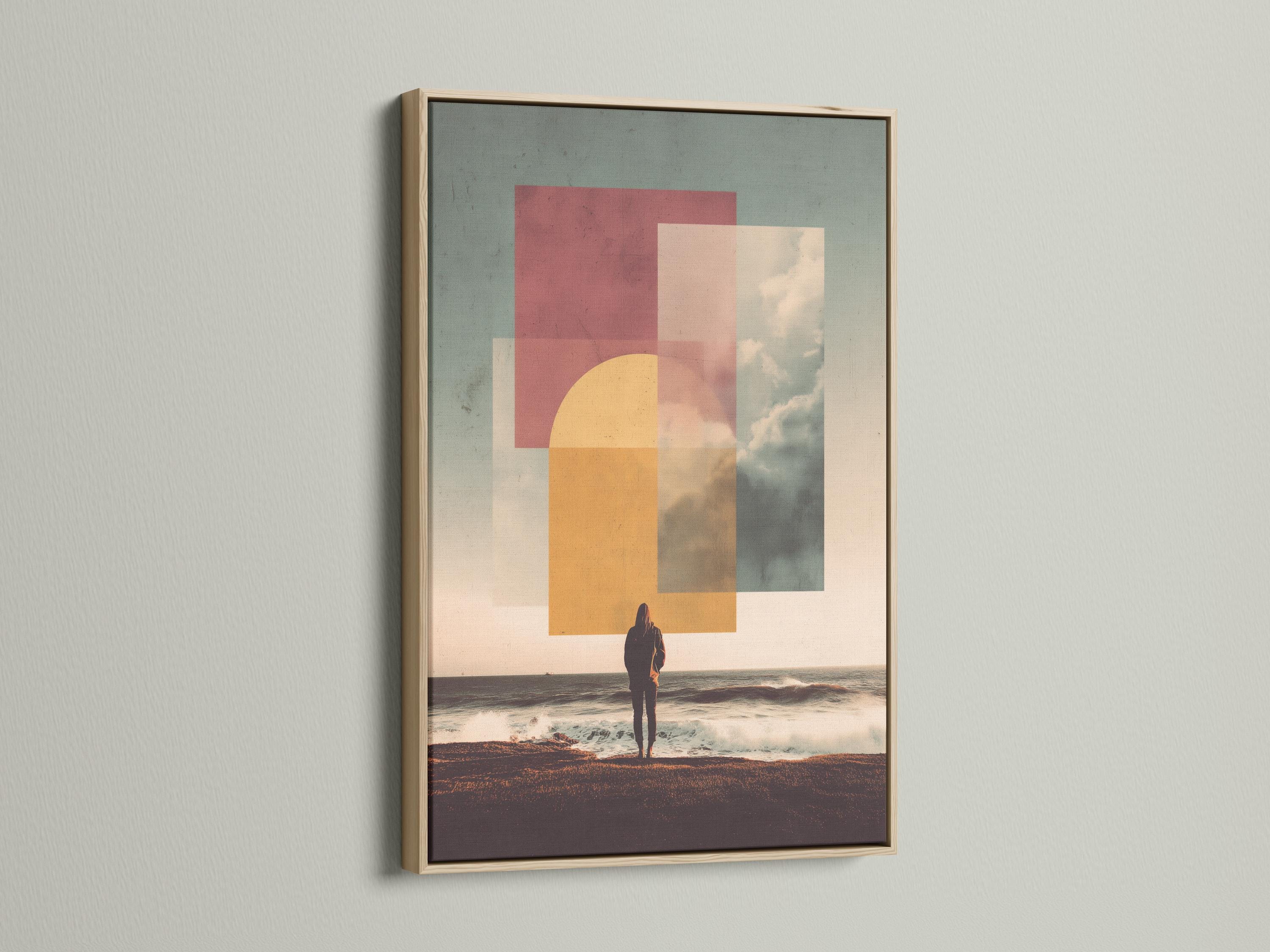 Geometric ocean sunset seascape with a silhouetted figure on a sandy shore detail view