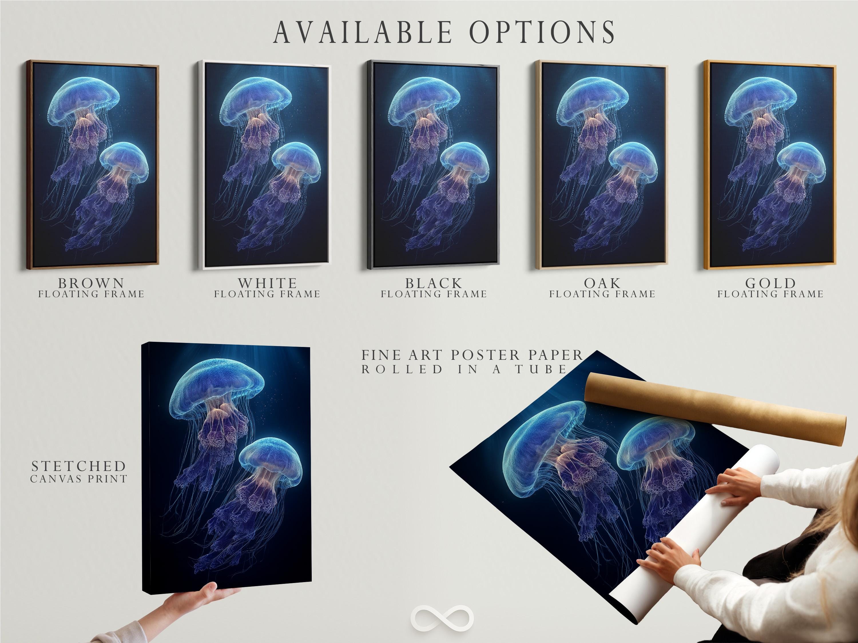 Room mockup showing a framed jellyfish artwork on a wall