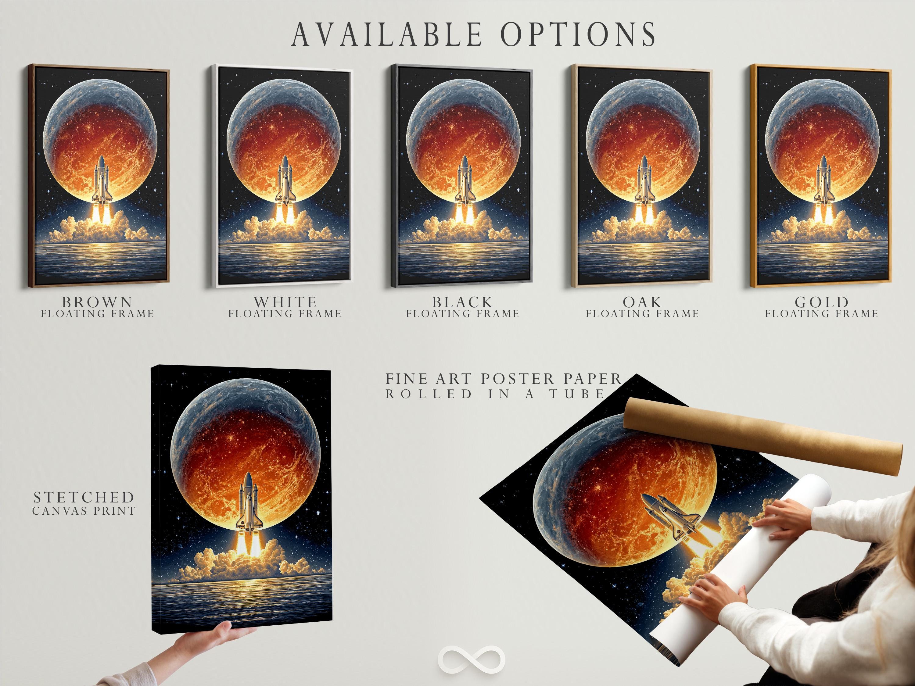 Room mockup showing a framed retro sci-fi rocket launch artwork on a wall