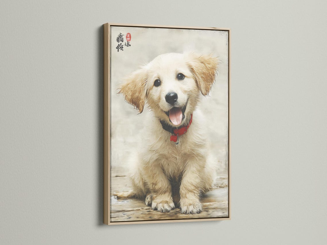 Golden retriever puppy portrait in cream and warm brown with a red bandana detail view
