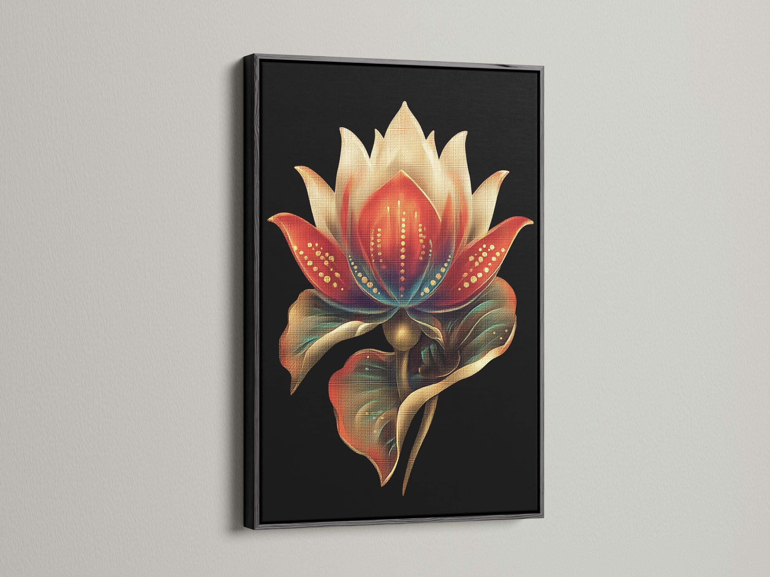 Person in a beige outfit standing beside a plant, with a lotus flower framed artwork above a wooden bench