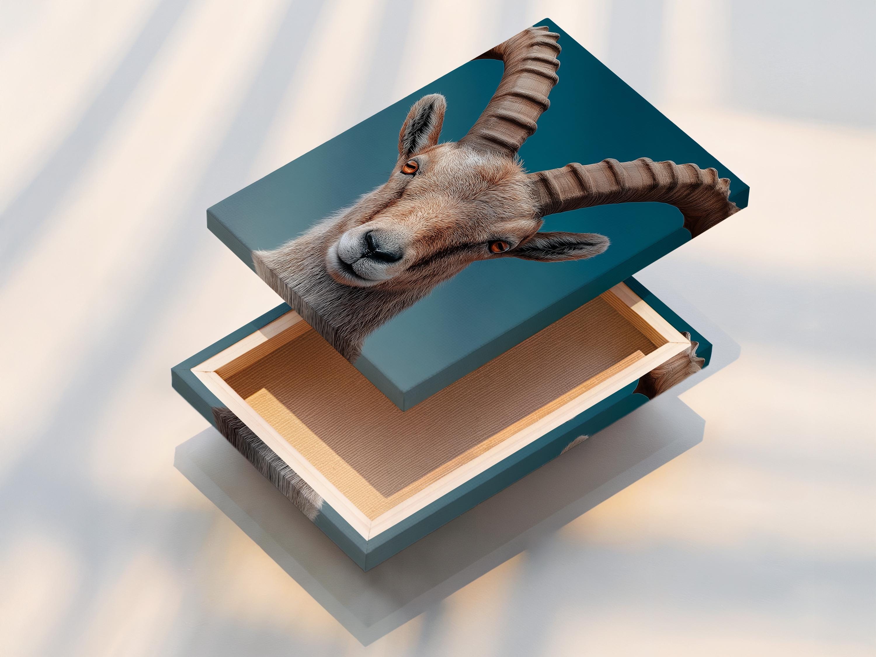Portrait of an ibex with curved horns on a teal background detail view