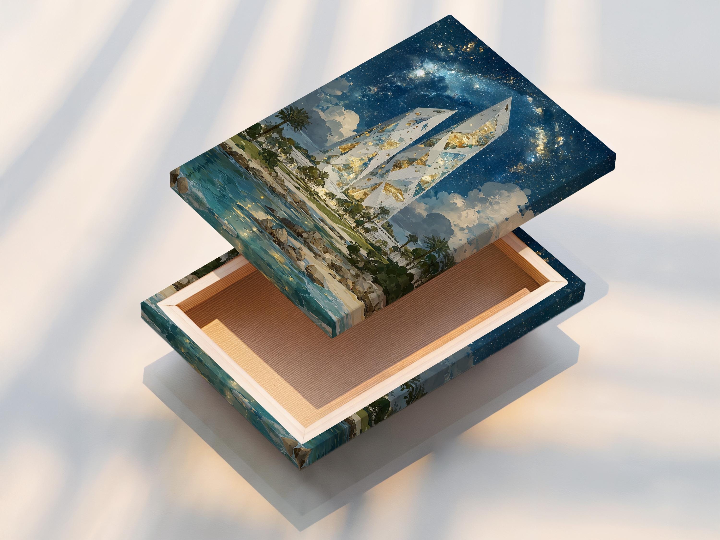 Wall mockup showing a framed artwork of glowing crystal towers over a starry night coastline