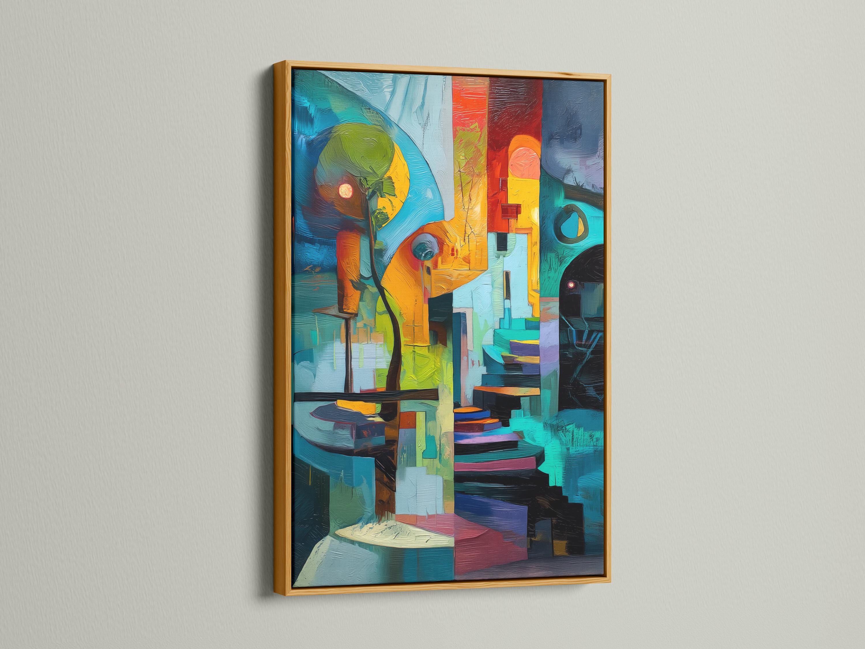 Person in yellow holding a cup standing beside a framed abstract geometric artwork