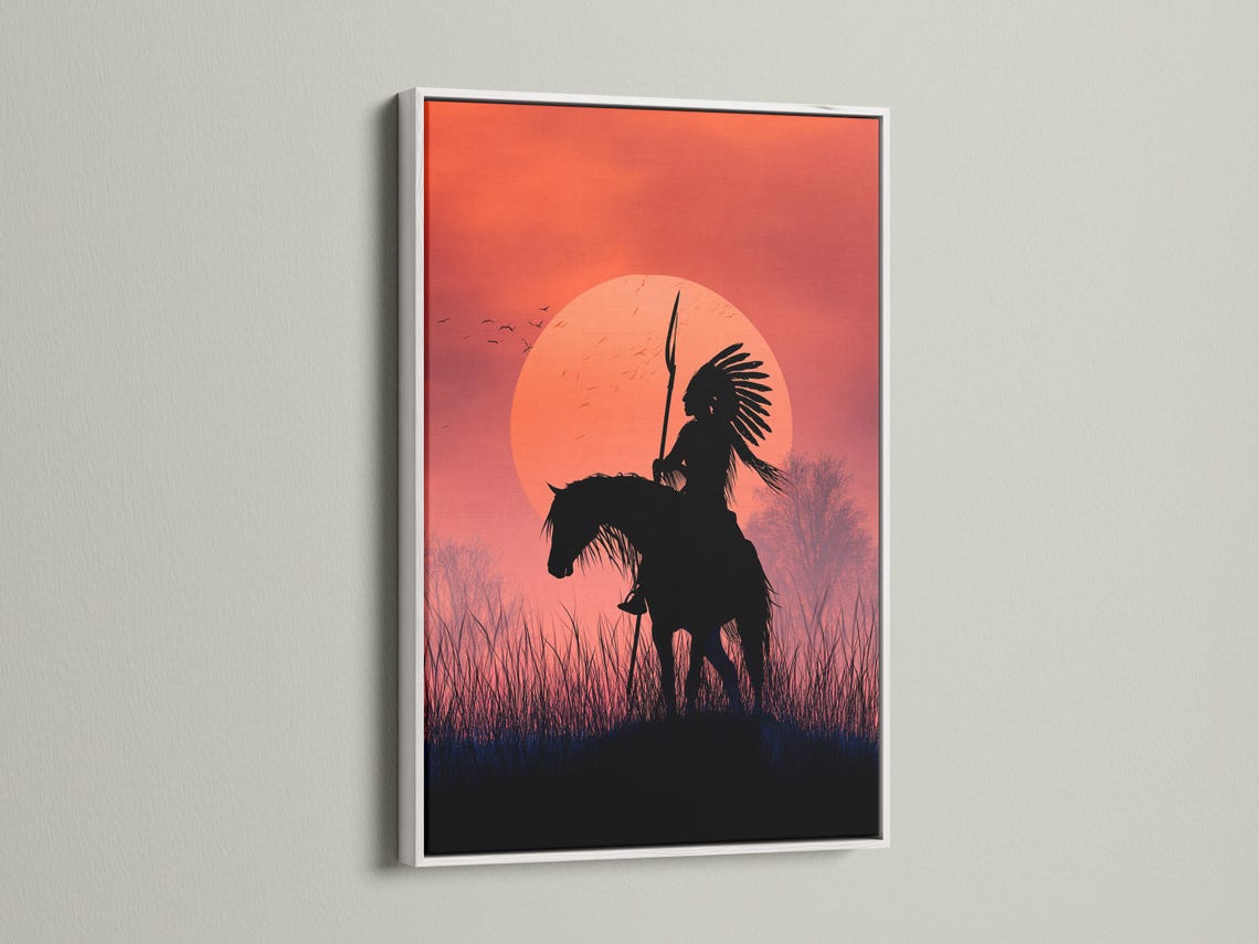 Black silhouette of a rider on horseback with an upright spear in front of a glowing sunset sun and grasses detail view