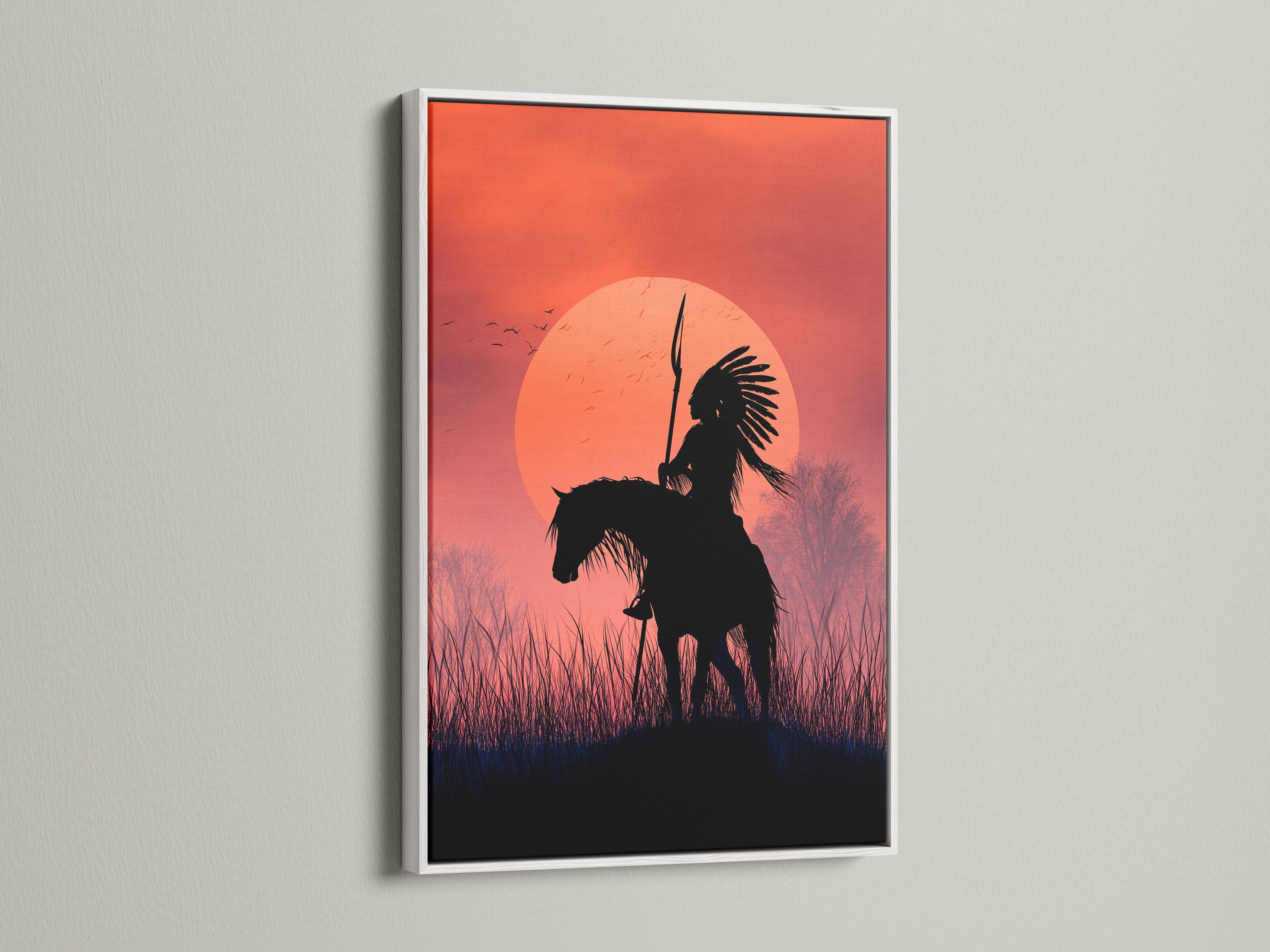 Black silhouette of a rider on horseback with an upright spear in front of a glowing sunset sun and grasses detail view