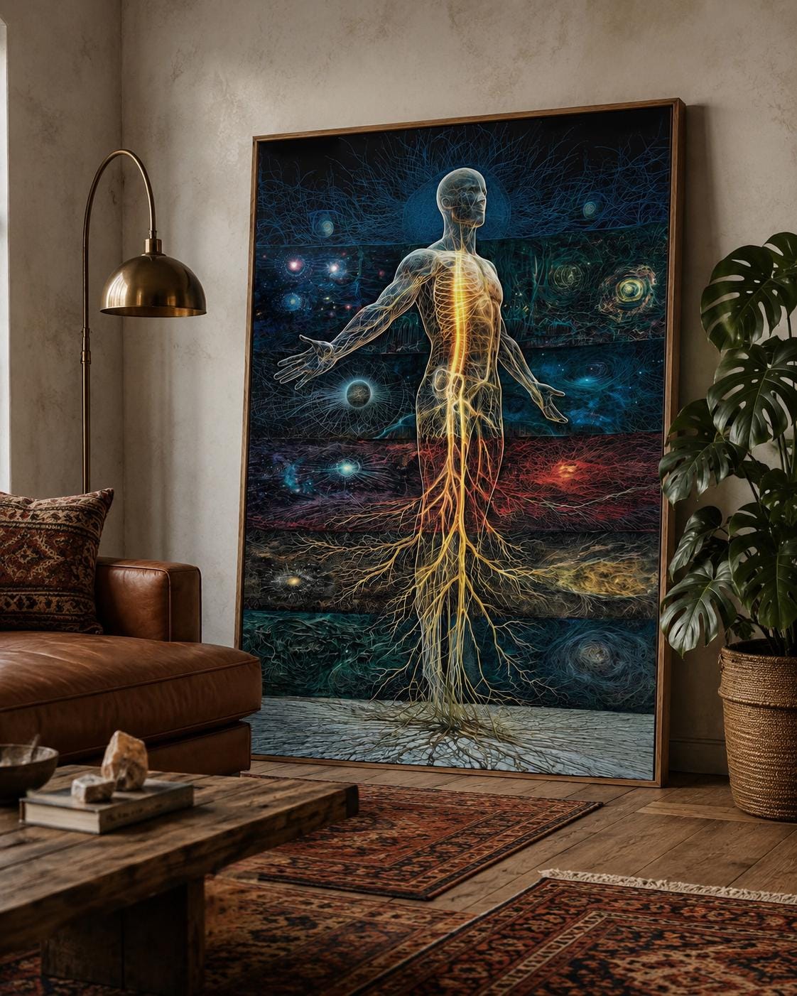 Woman standing beside a framed artwork showing a glowing energy human figure in blue, teal and red