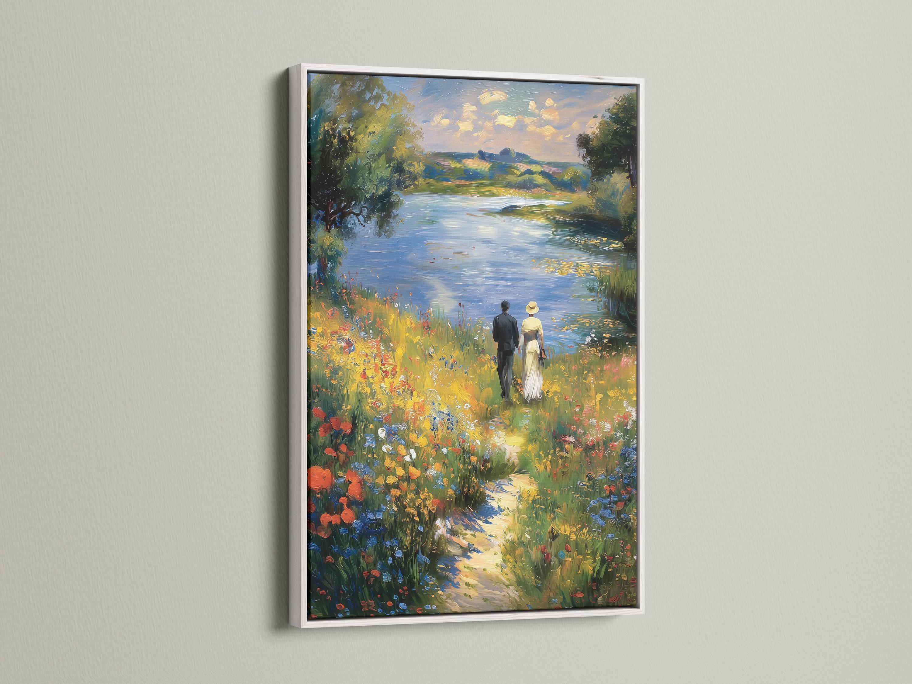 An impressionist lake scene shows a standing couple in a flower-filled meadow, with a blue sky, leafy trees, and shimmering reflections detail view