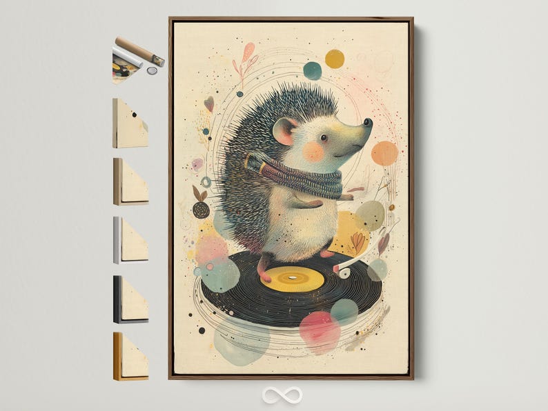Illustrated hedgehog facing right over a vinyl record with music-themed speckles