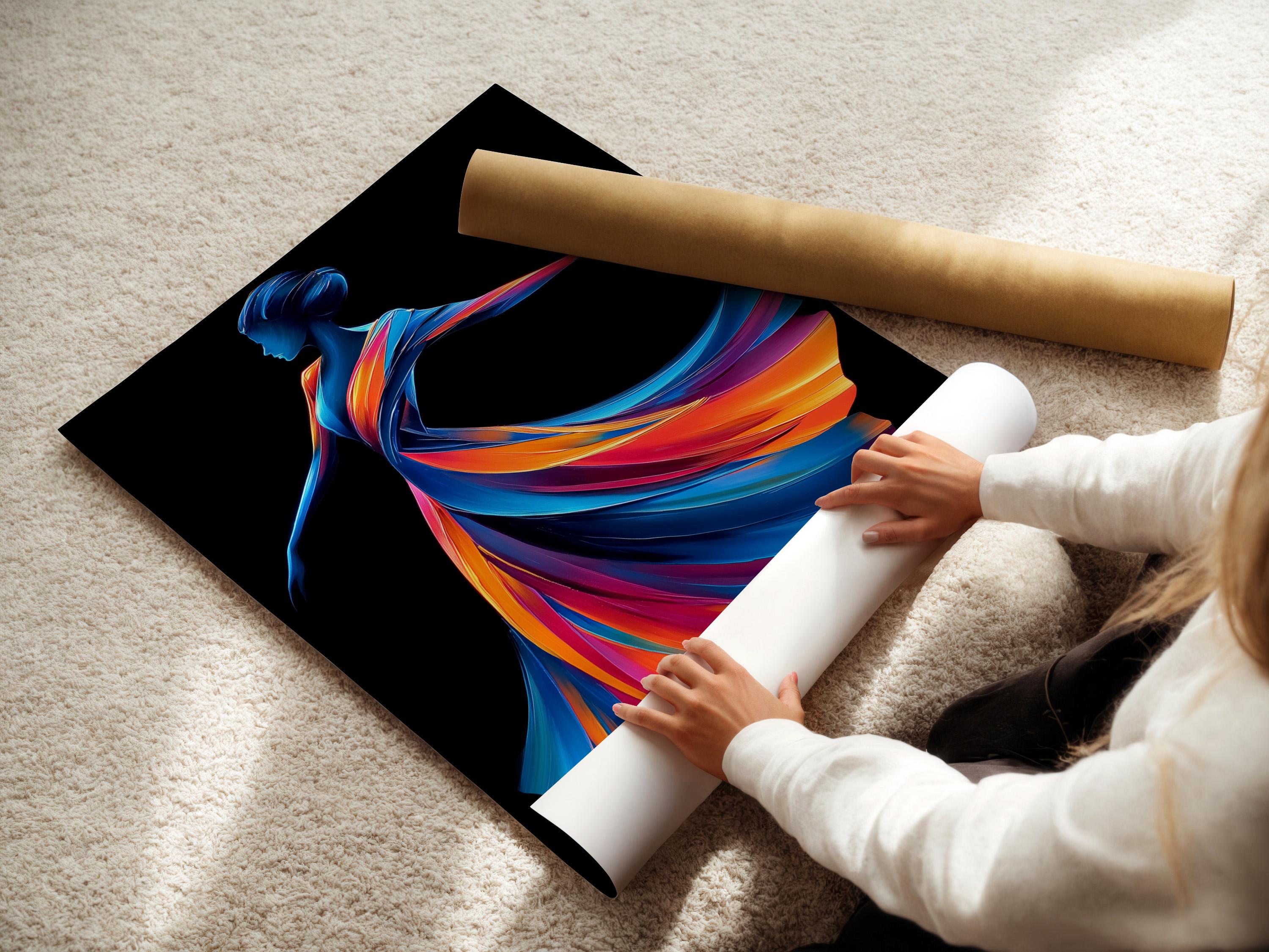 Wall mockup showing a framed abstract woman profile artwork with rainbow ribbon hair