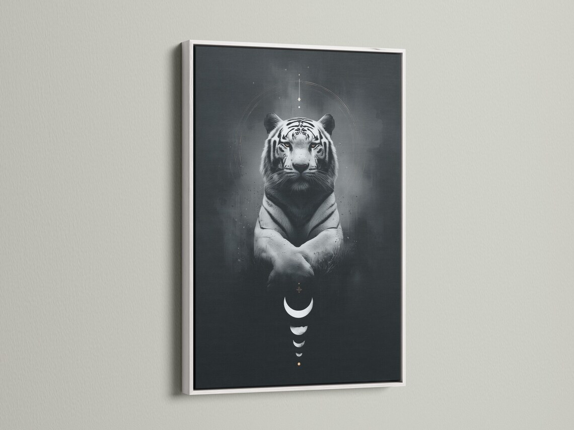 Room mockup showing framed tiger wall art with crescent moons and circular halo