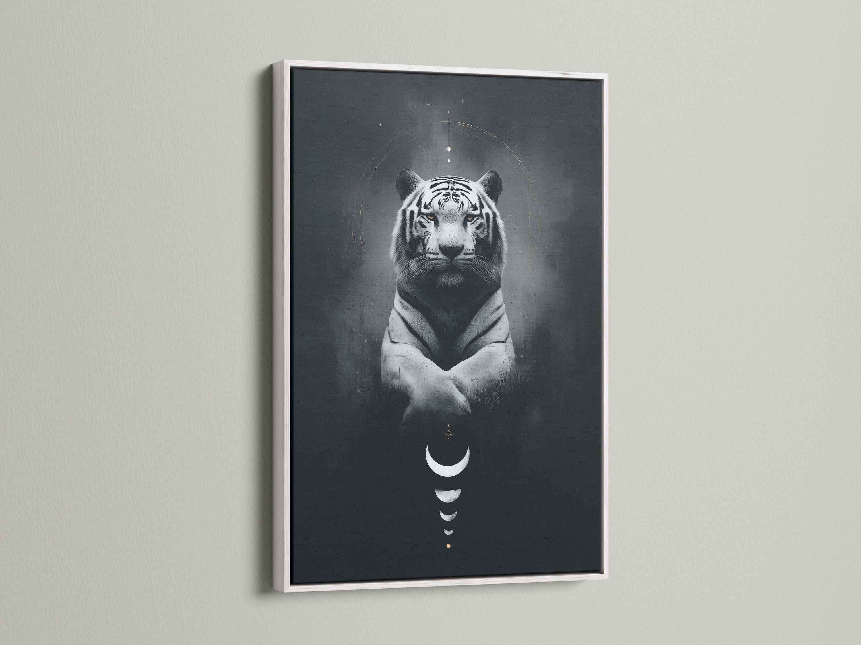 Room mockup showing framed tiger wall art with crescent moons and circular halo