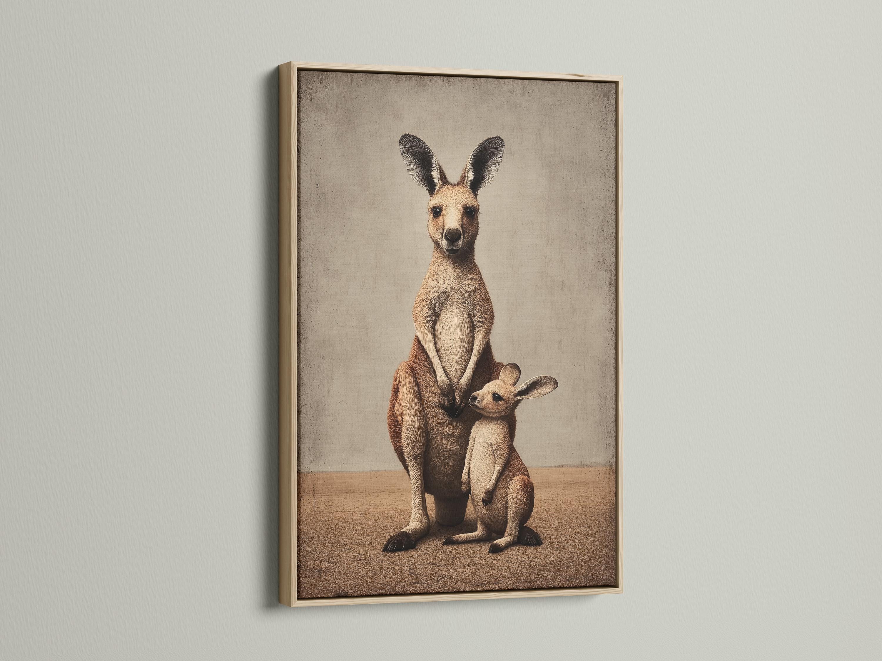 Room mockup showing a framed beige kangaroo mother and joey artwork