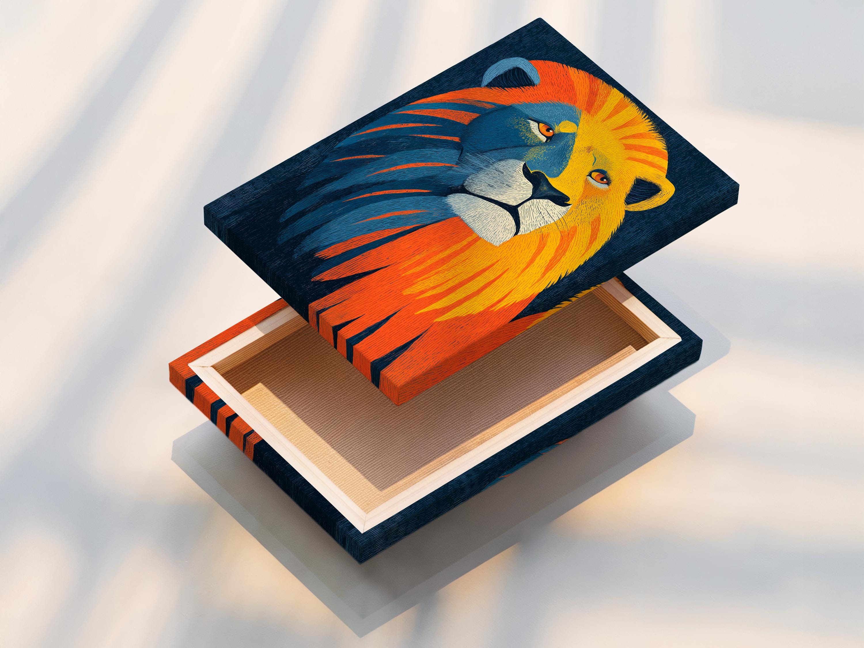 Stylised lion portrait in blue with orange and yellow mane streaks detail view