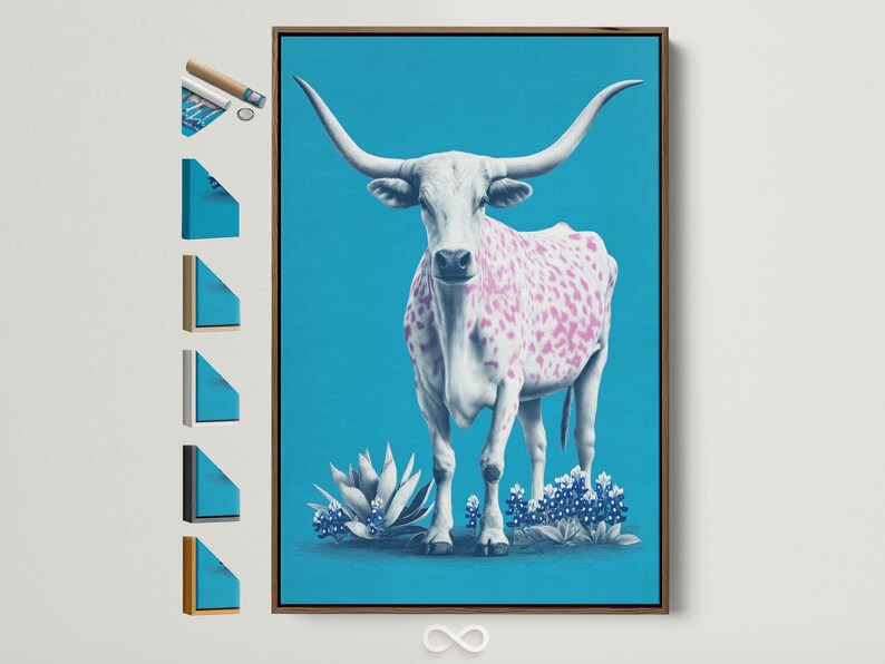 Illustration of a white longhorn cow with pink spots and blue flowers on a turquoise background
