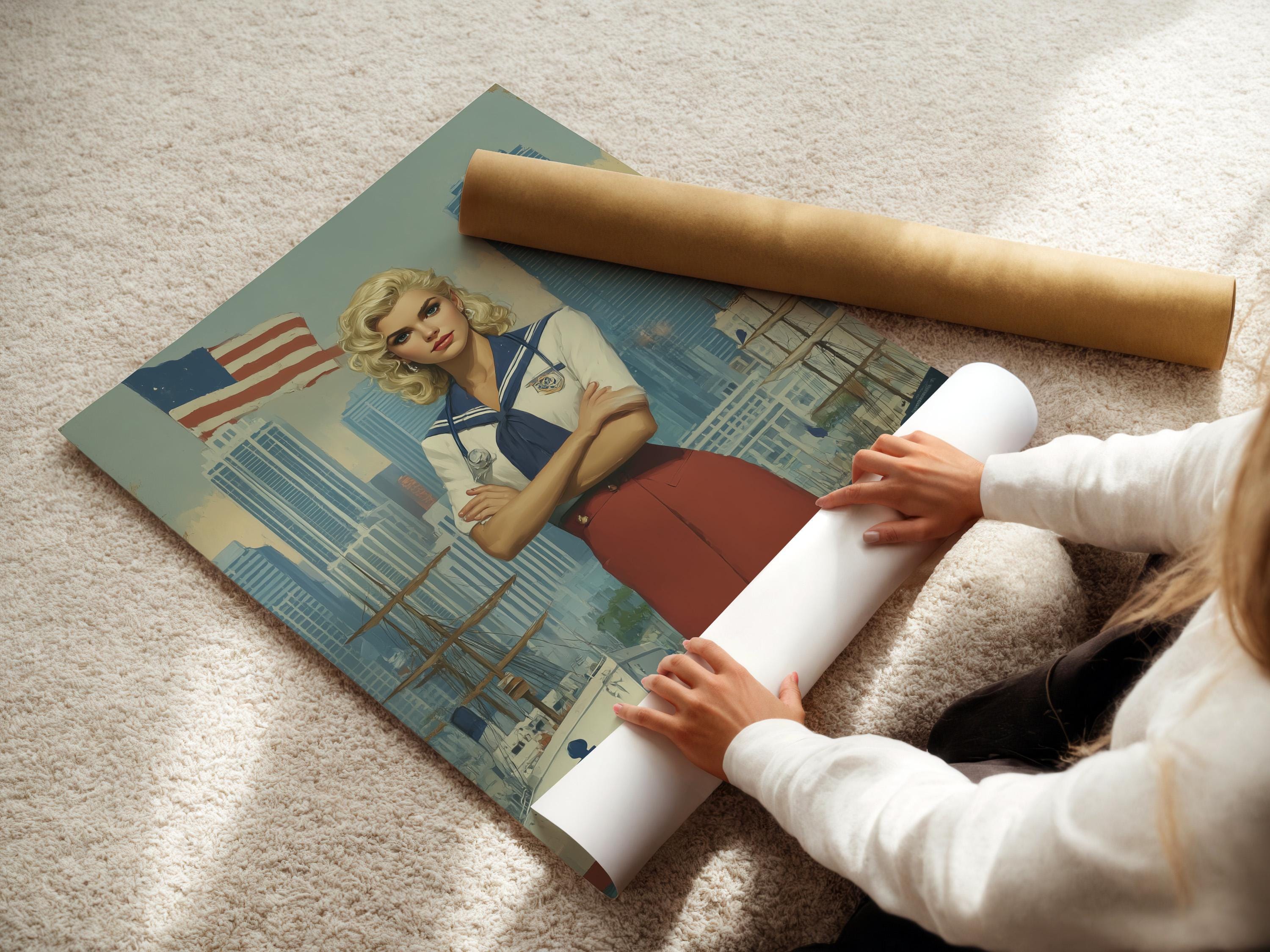 Stylised sailor-girl portrait with a waving American flag and harbour city background detail view