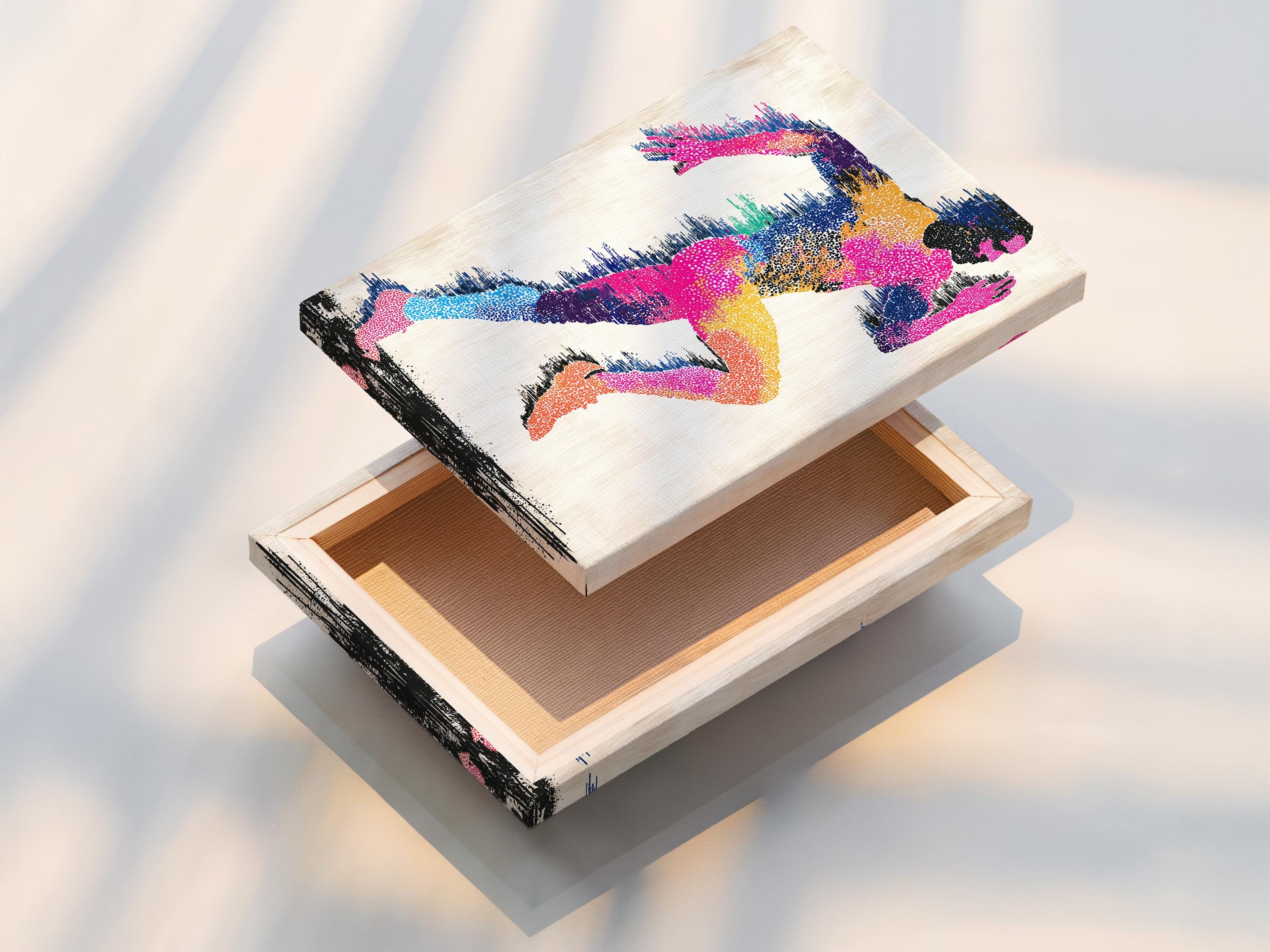 Abstract running man artwork with multicolour speckled figure and black accents detail view