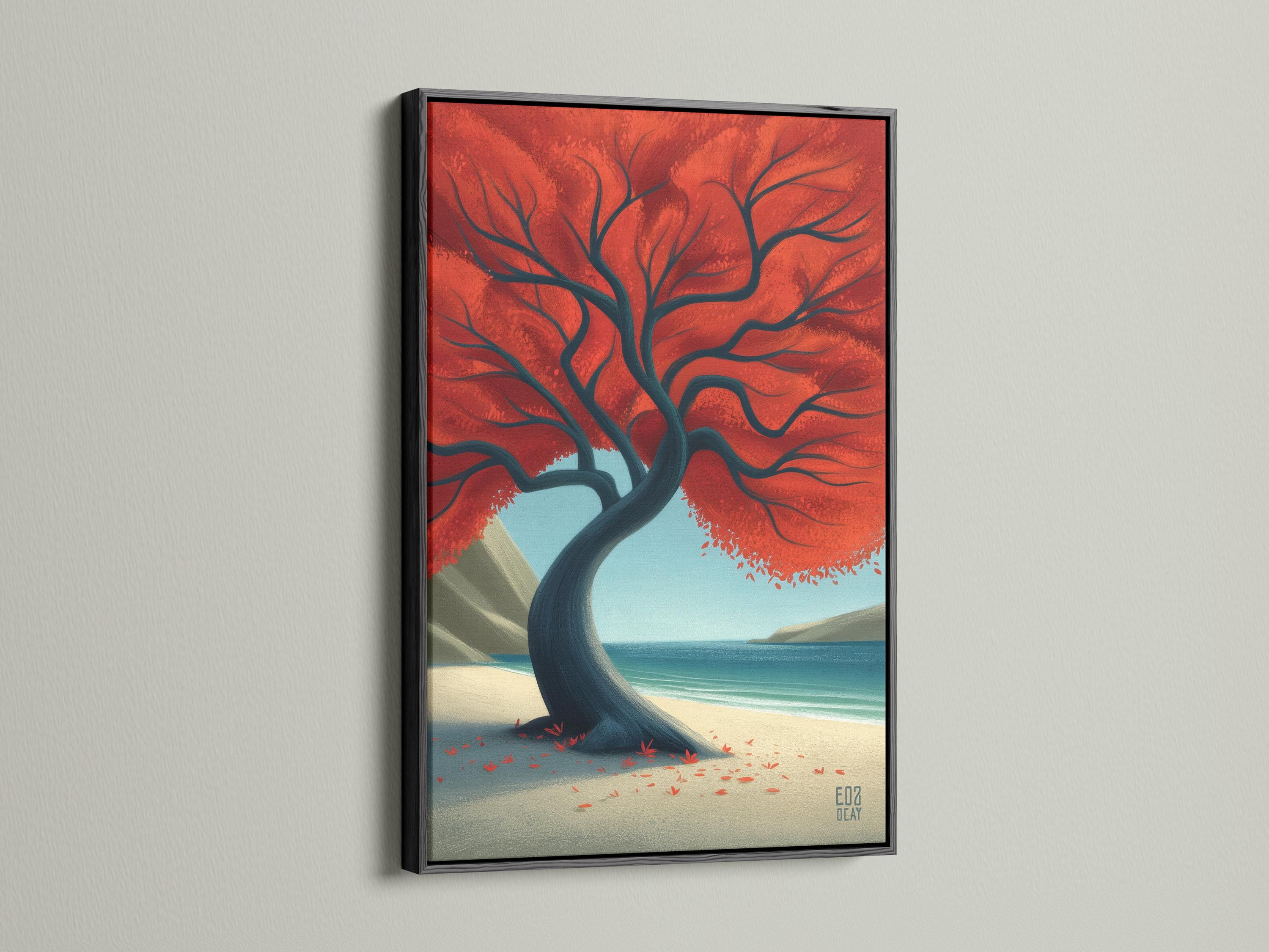 Stylised tree with a red canopy over a sandy beach with a blue ocean detail view