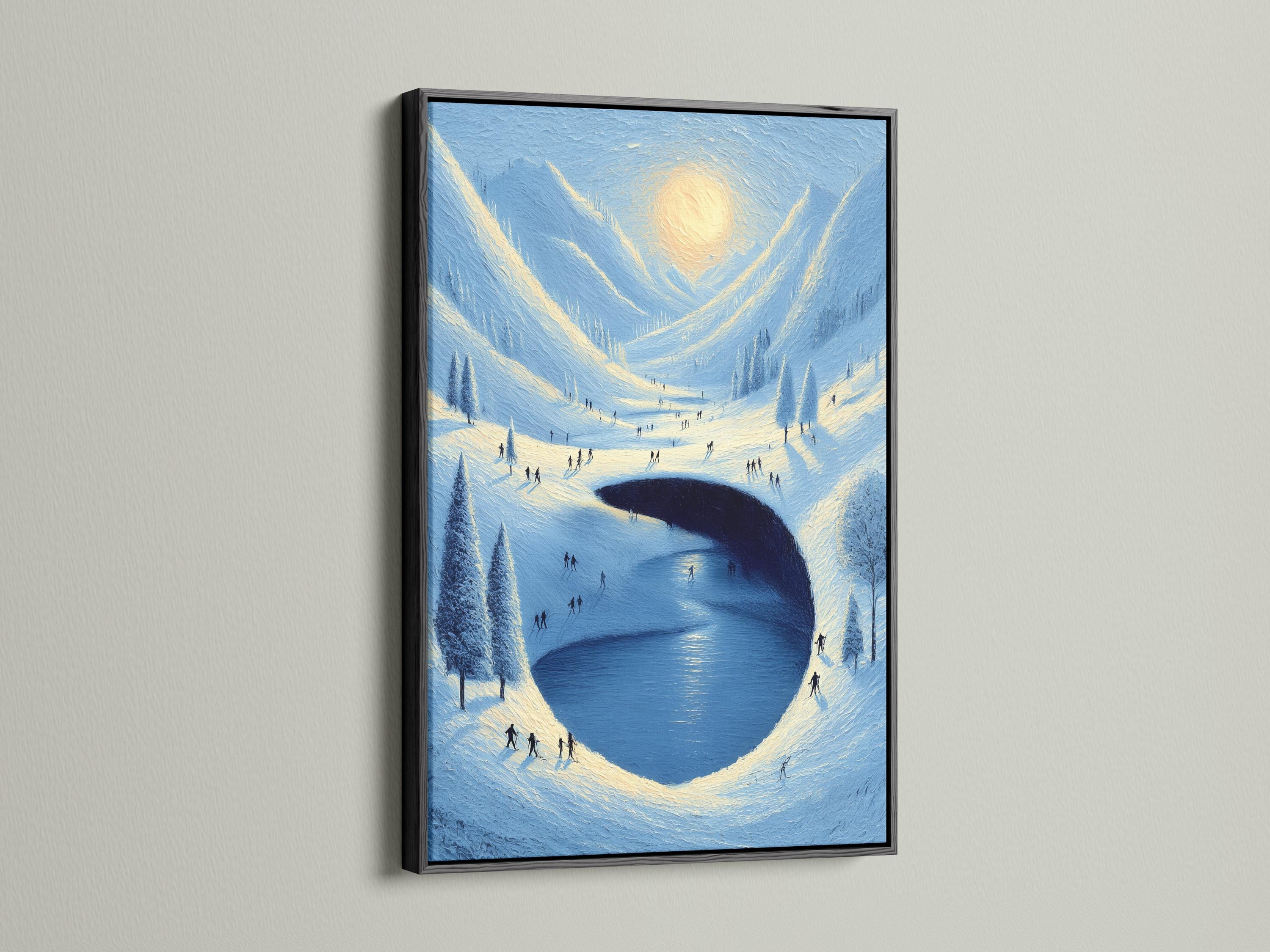 A snowy mountain valley scene surrounds a large dark-blue heart-shaped opening, with small silhouetted people walking across icy slopes under a pale