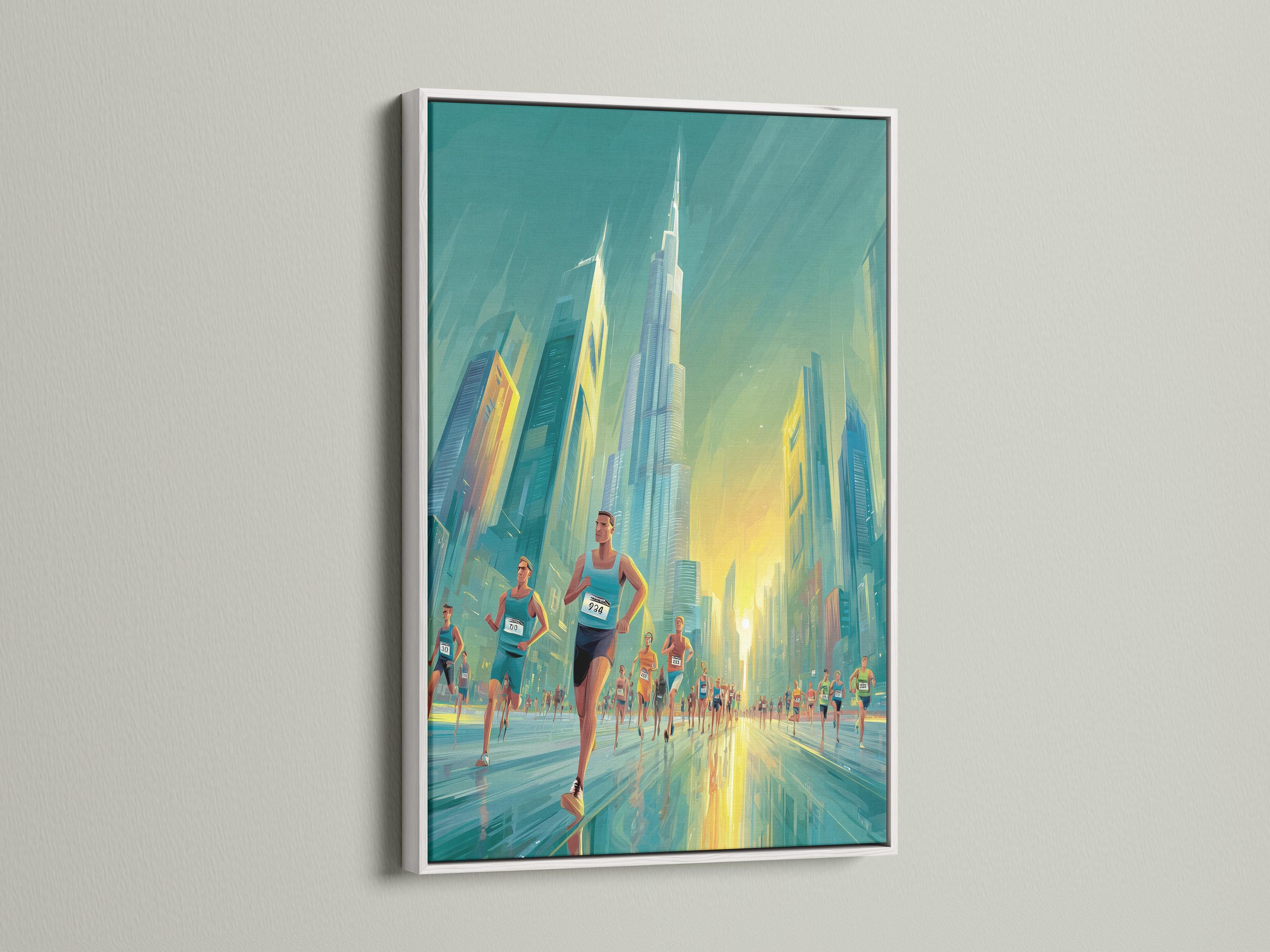Teal and yellow marathon city scene with runners running between skyscrapers detail view