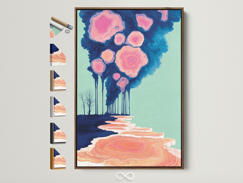 Teal and pink abstract forest scene with concentric ring-like forms and drips