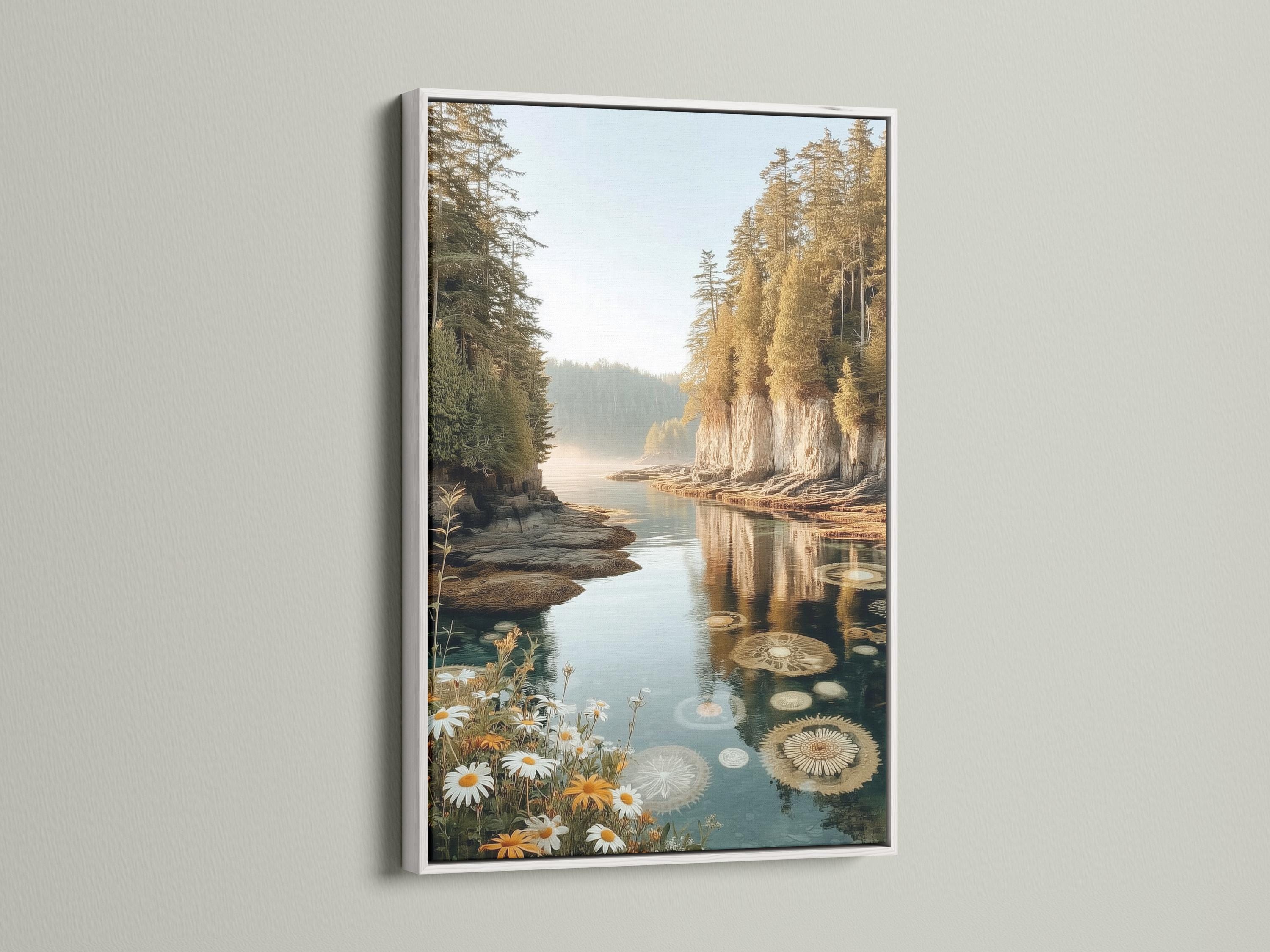 Wall mockup showing framed lake reflection artwork with wildflowers on a white background