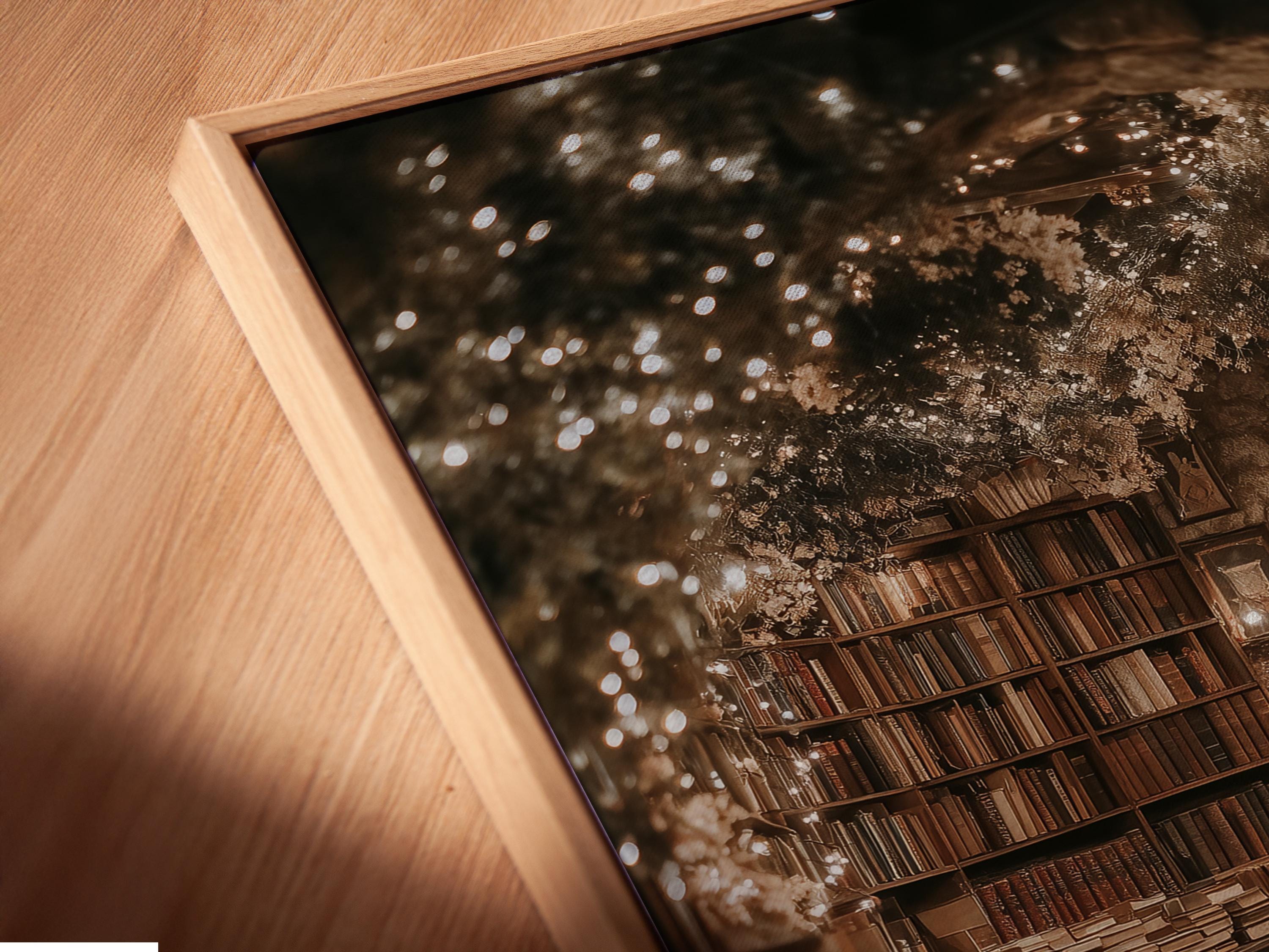 Portrait view of a warmly lit vintage library interior with bookcases and golden sparkles detail view