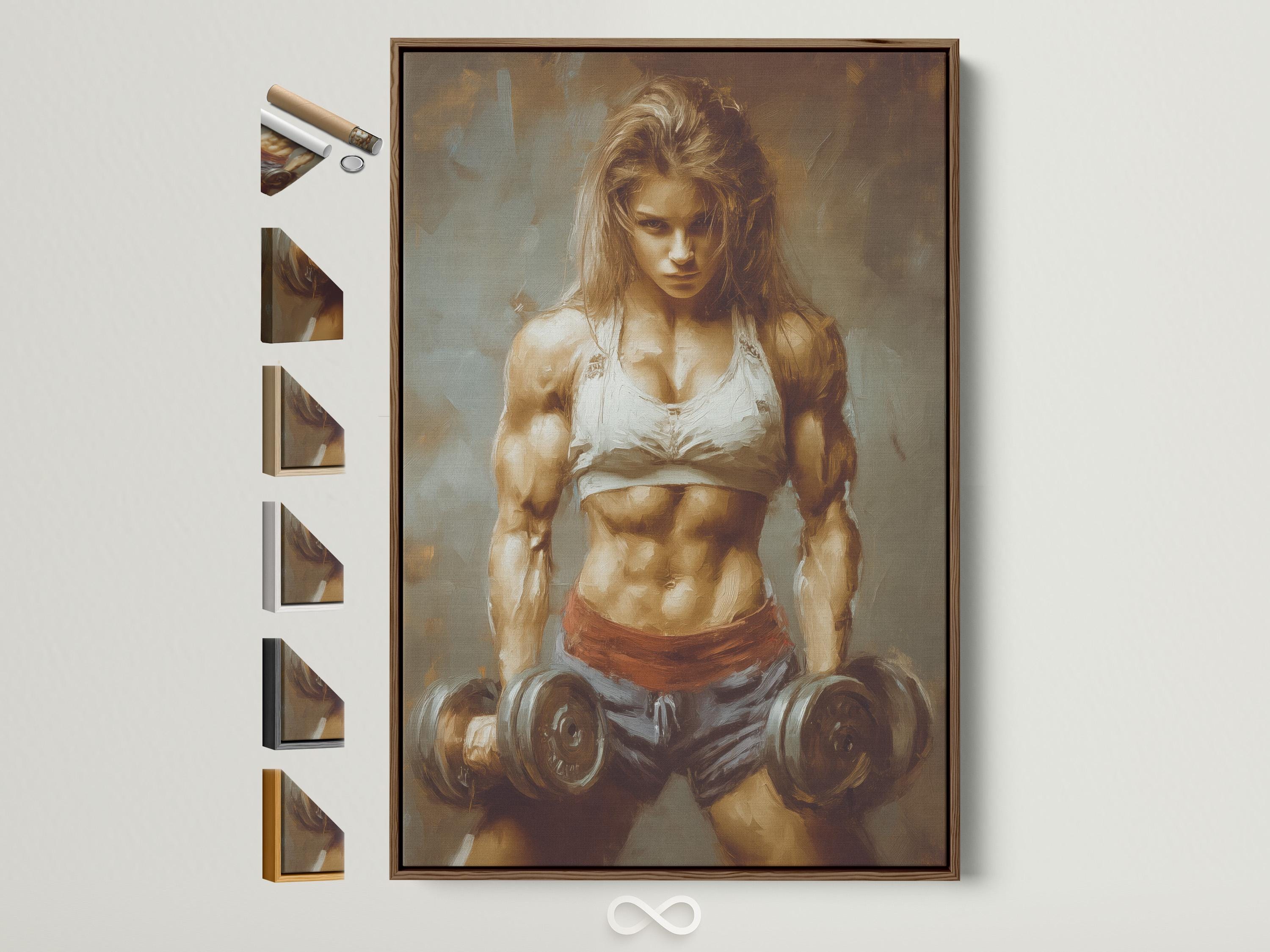 Gym or wellness room mockup showing a wall artwork of a muscular woman lifting dumbbells