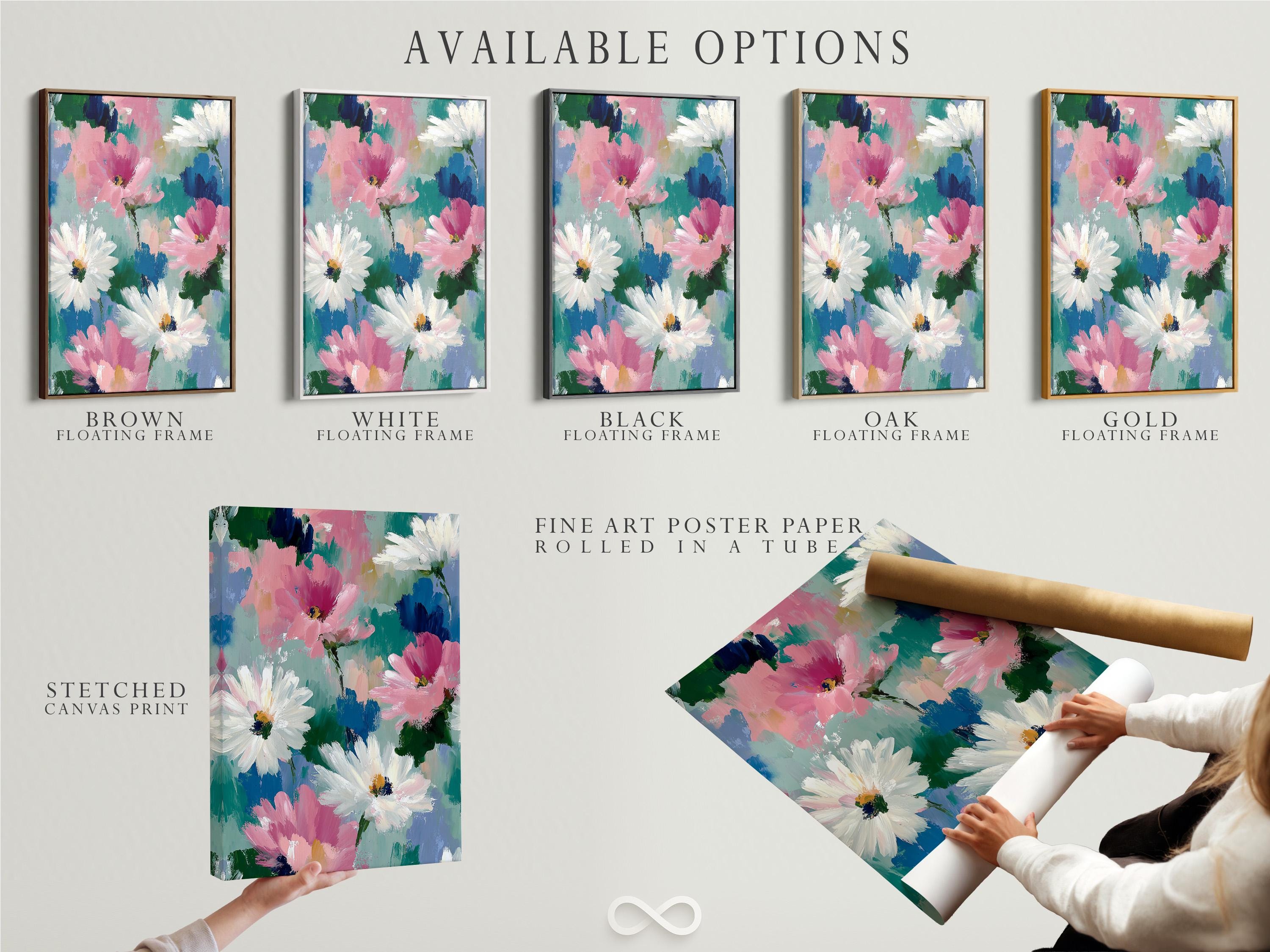 Abstract floral painting with pink and white daisy-like flowers, teal and blue background, and green stems detail view