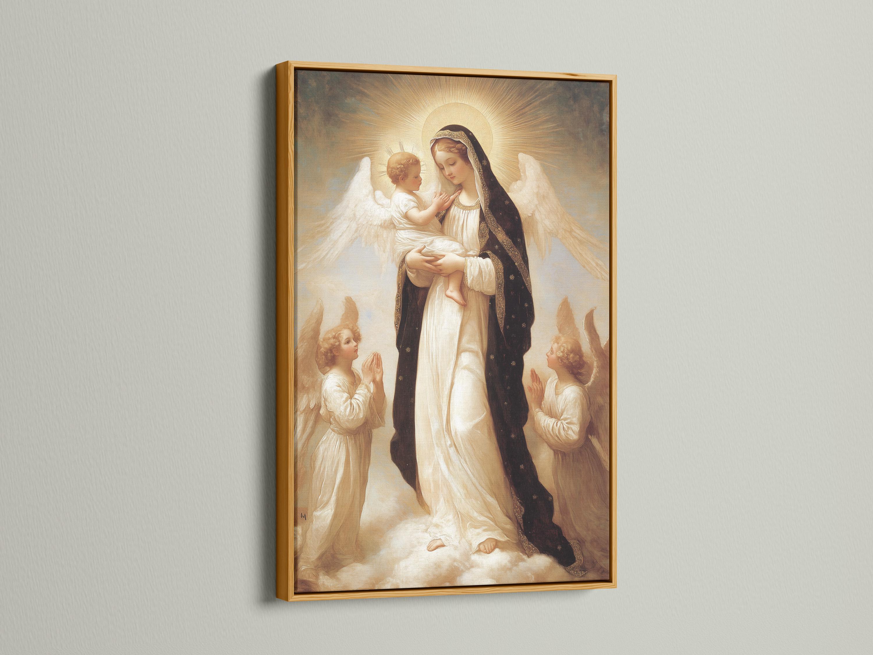 Portrait religious painting of a haloed woman holding a child with angel wings and praying figures detail view
