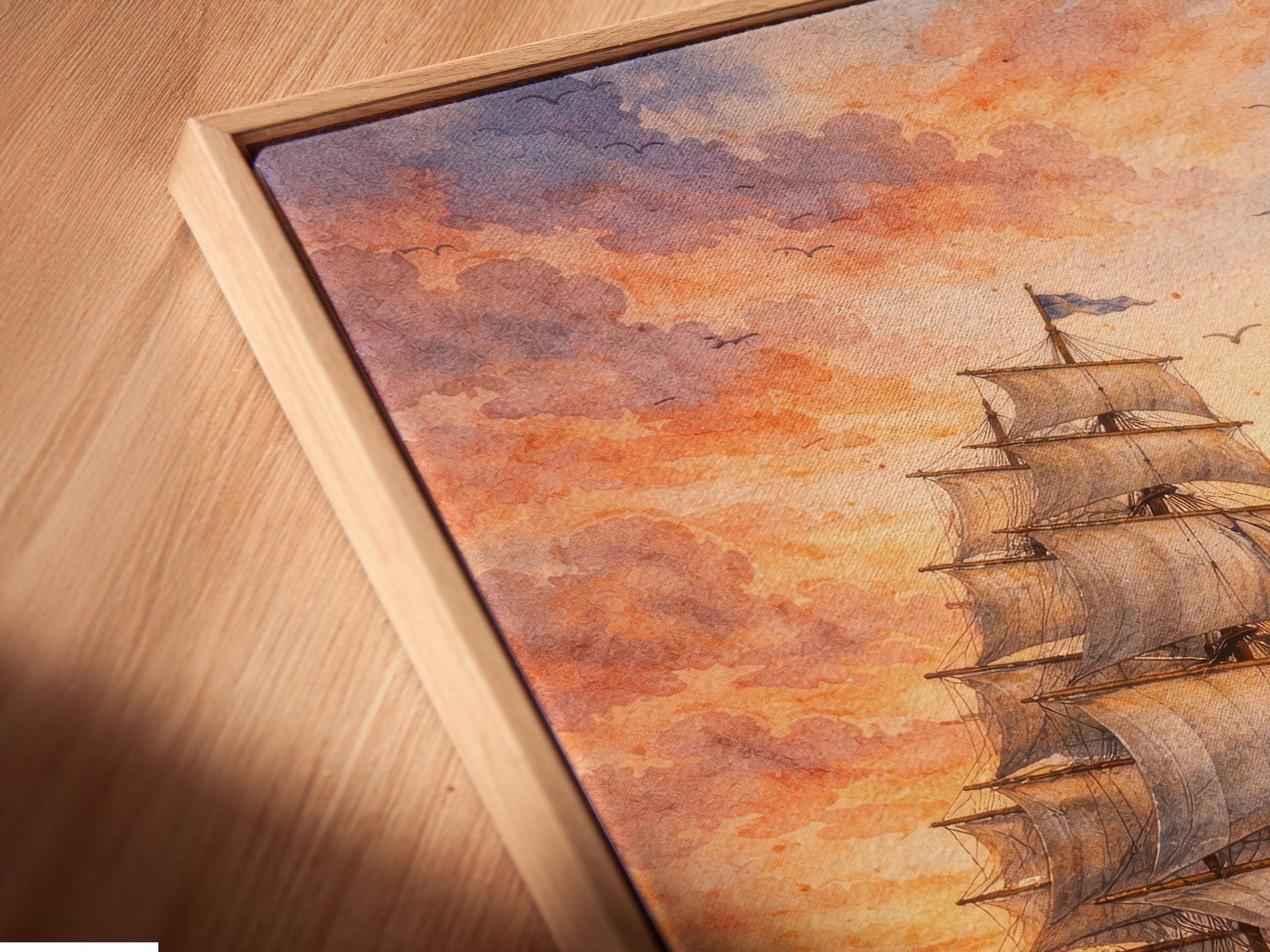 A sailboat cruises through choppy blue waves beneath a glowing orange sunset sky, with scattered clouds and small birds flying overhead detail view