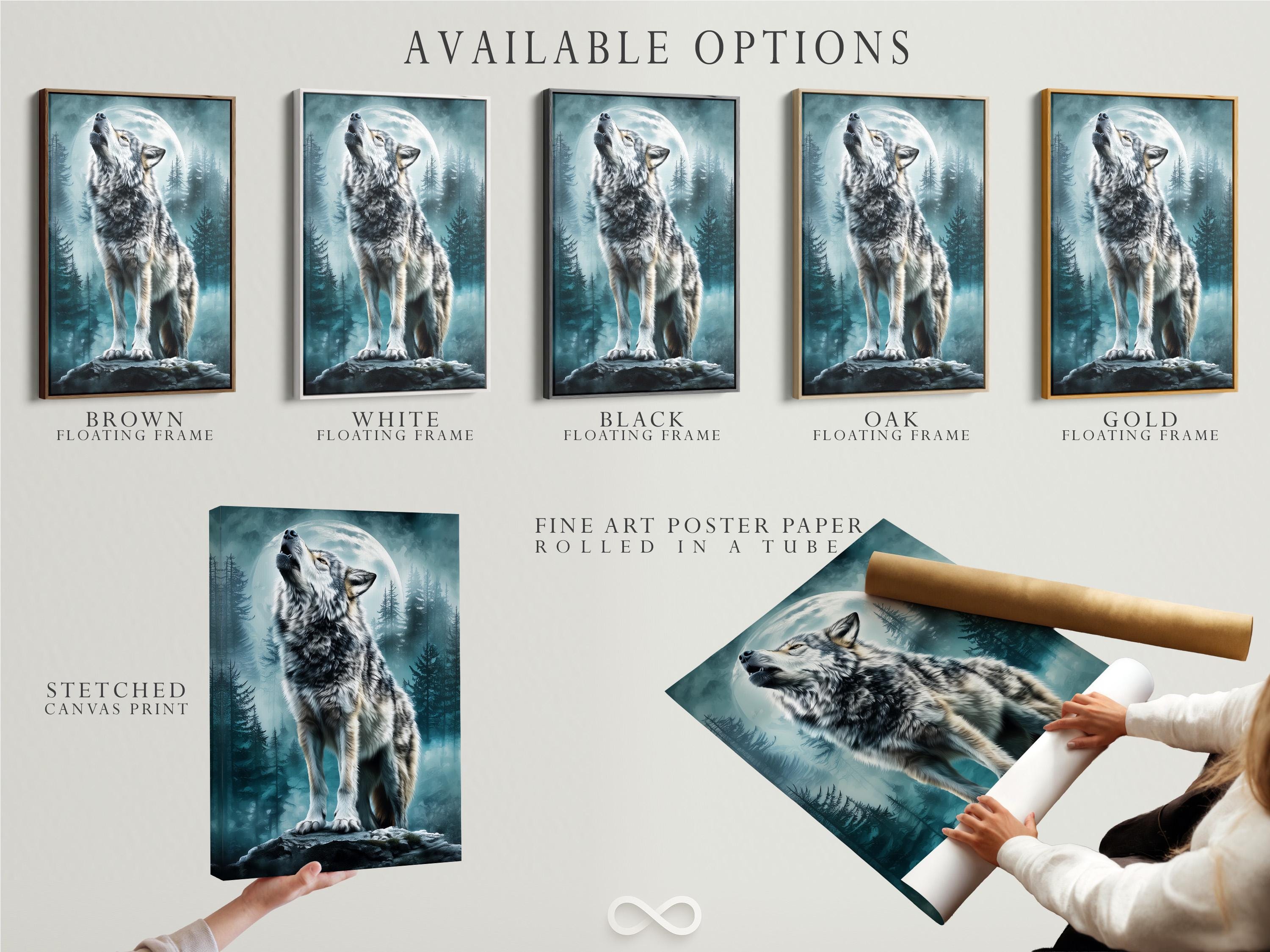 Wolf artwork mockup on a wall with teal forest and moon scene