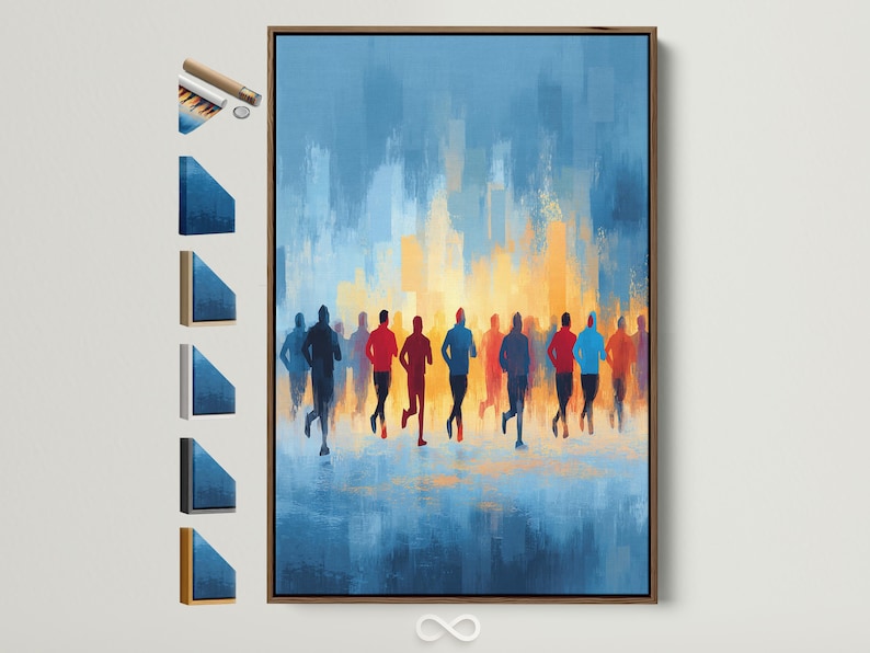Abstract runners silhouette scene with blue skyline and warm orange horizon glow
