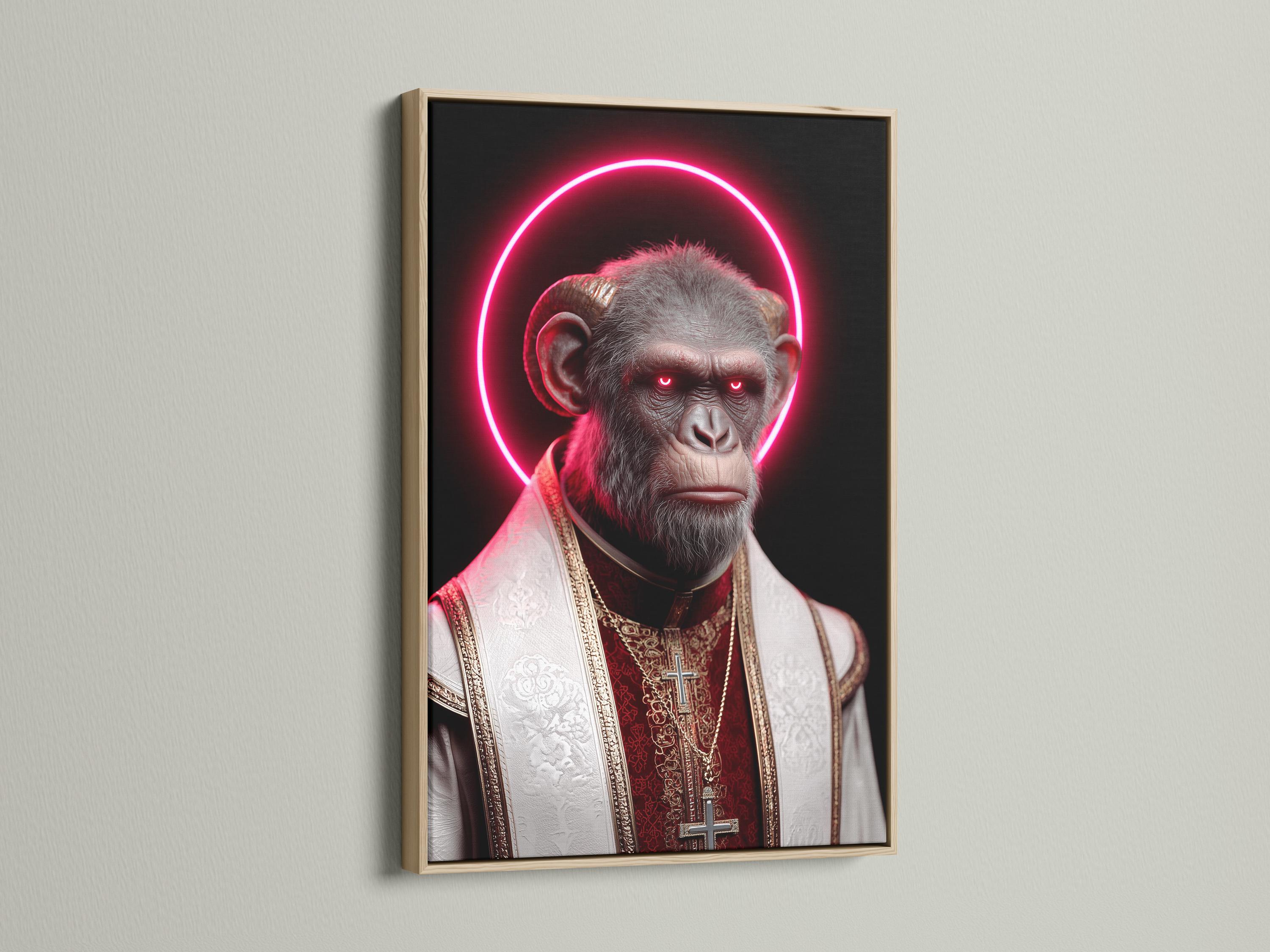 Surreal monkey portrait with a bright pink neon halo and red-and-gold robes detail view