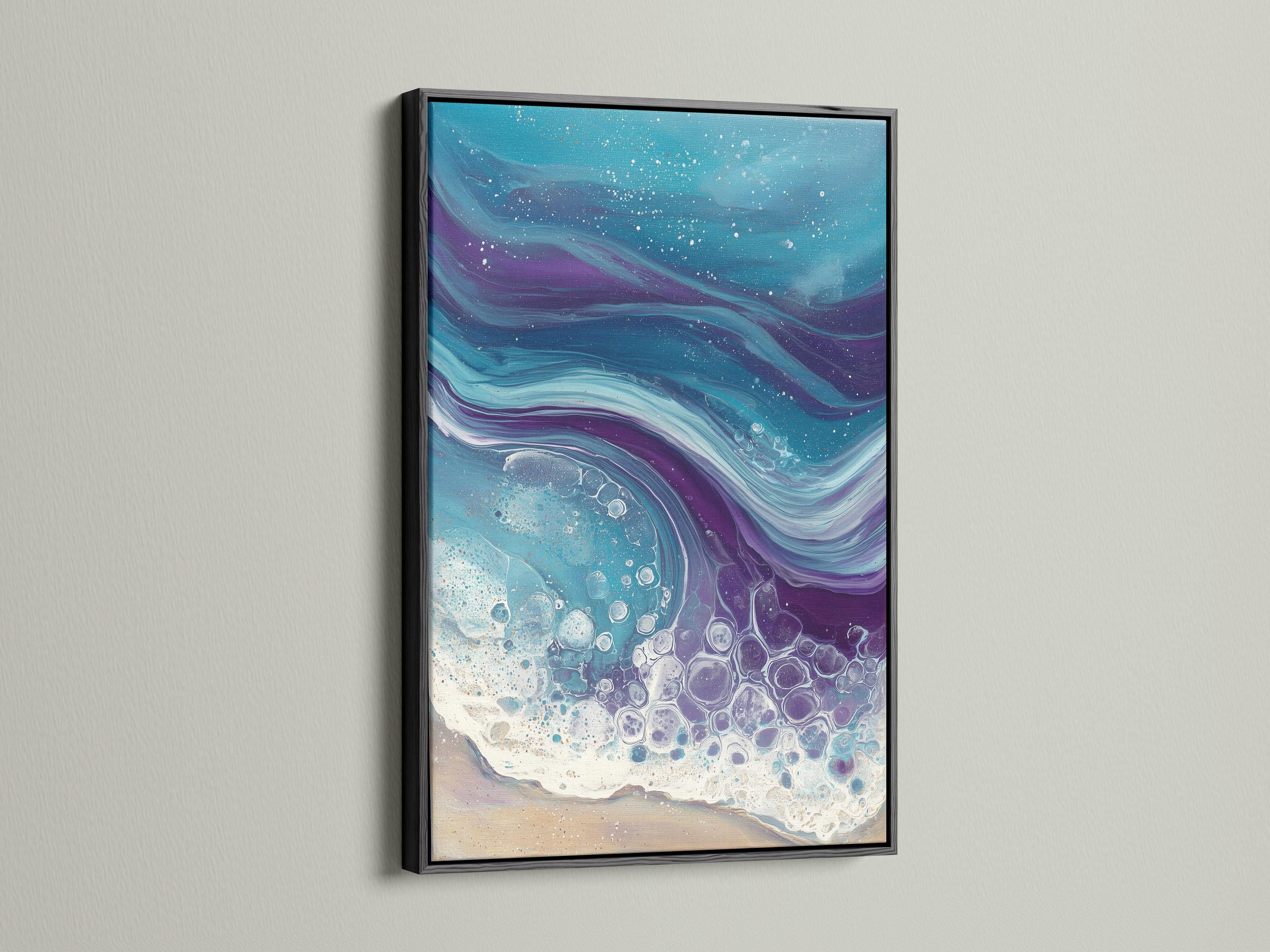 Fluid abstract ocean waves in teal and purple with bubble-like foam highlights detail view