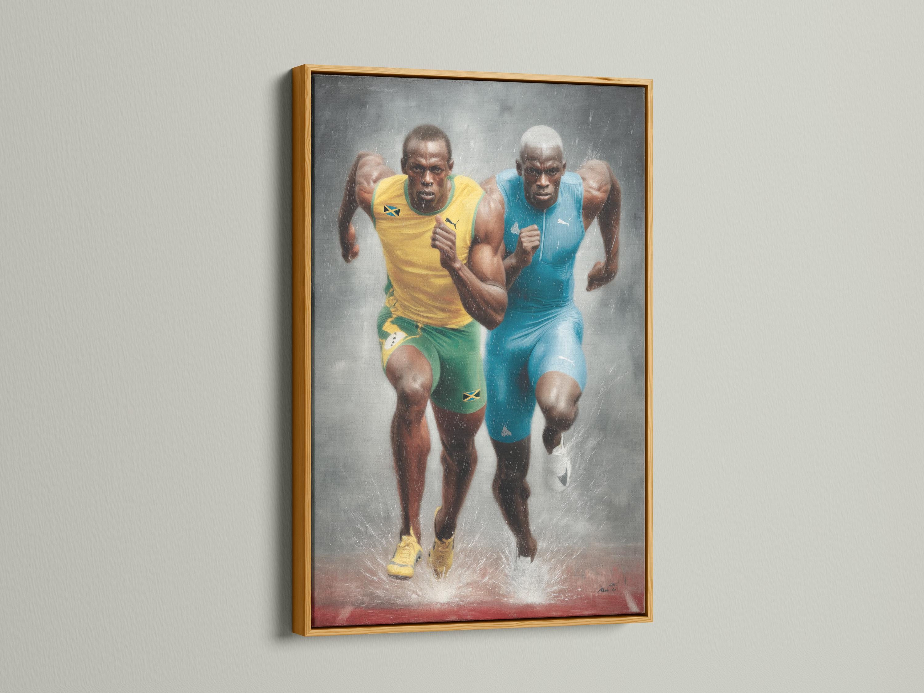 Room mockup showing a framed artwork of two sprinters in blue and yellow running toward the viewer