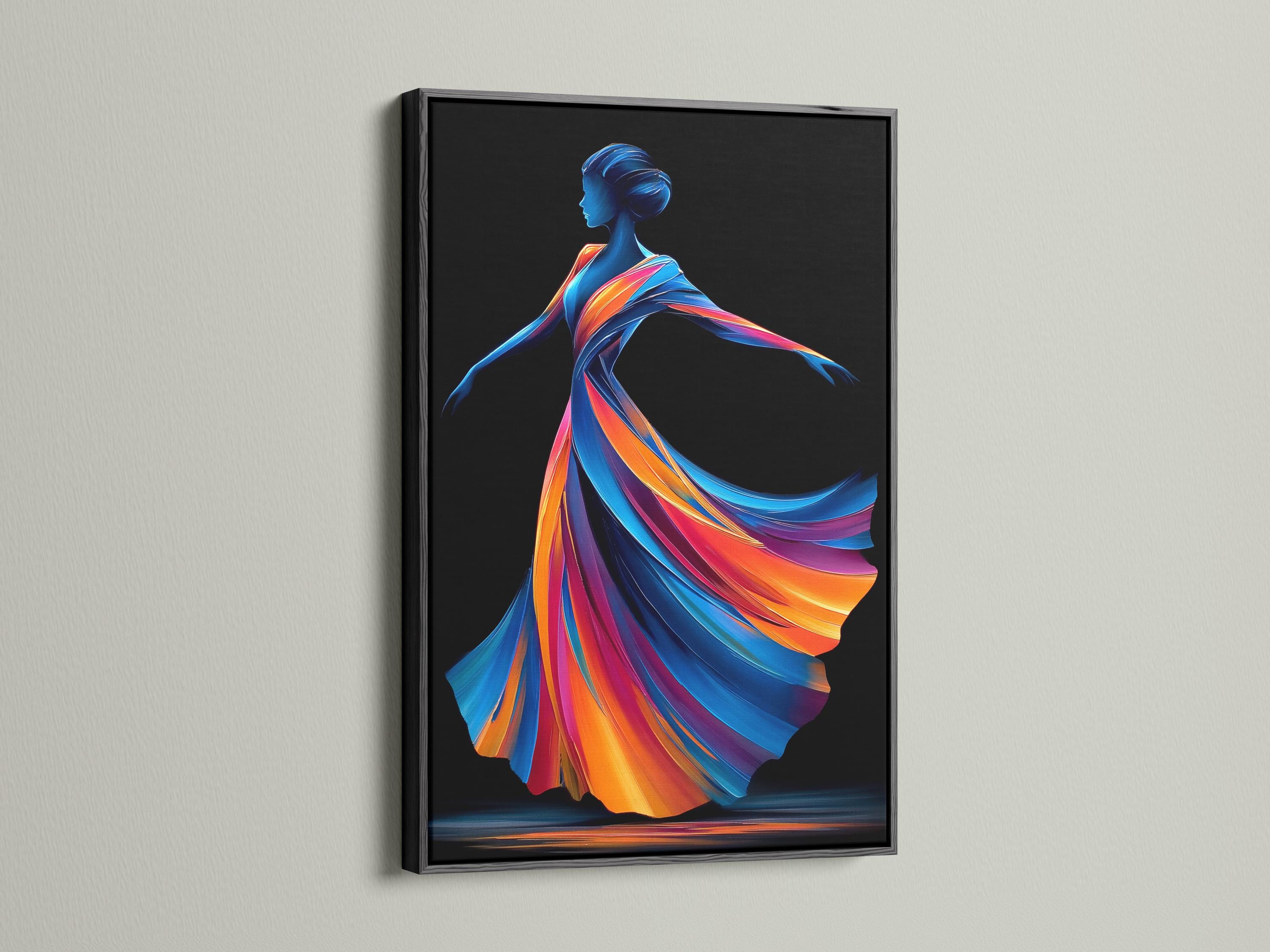 Wall mockup showing a framed abstract woman profile artwork with rainbow ribbon hair