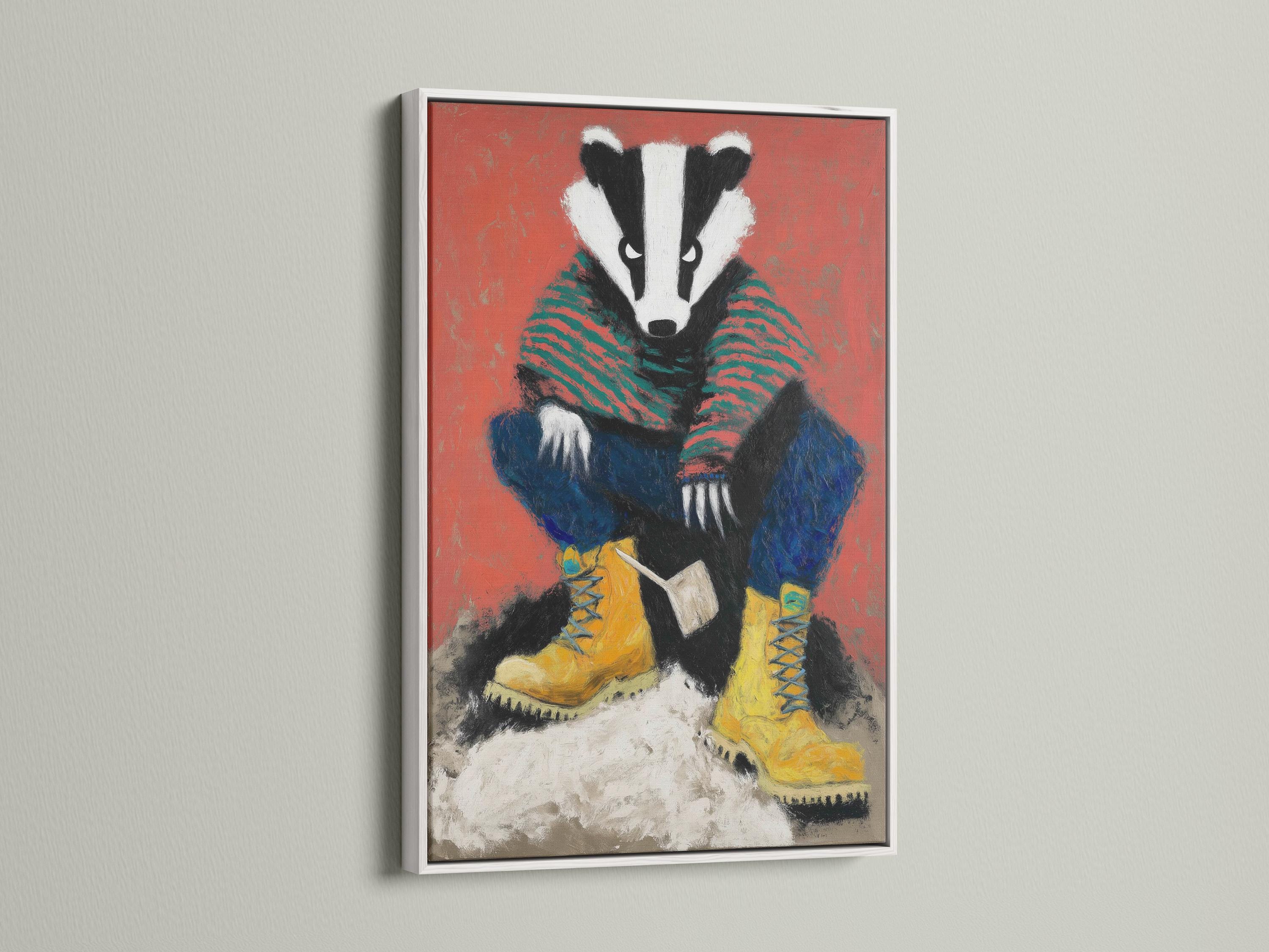 A stylised badger portrait fills the centre, with bold coral-red stripes and blue-and-yellow clothing-like shapes beneath a folk-art colour palette