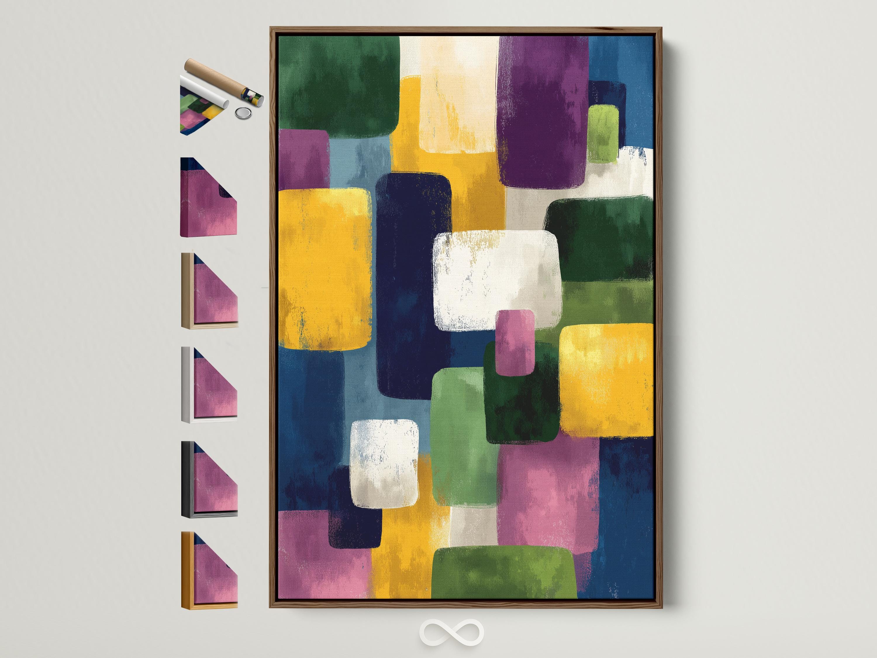 A framed geometric abstract artwork features overlapping colourful blocks—green, yellow, purple, blue and white—arranged in an irregular, layered