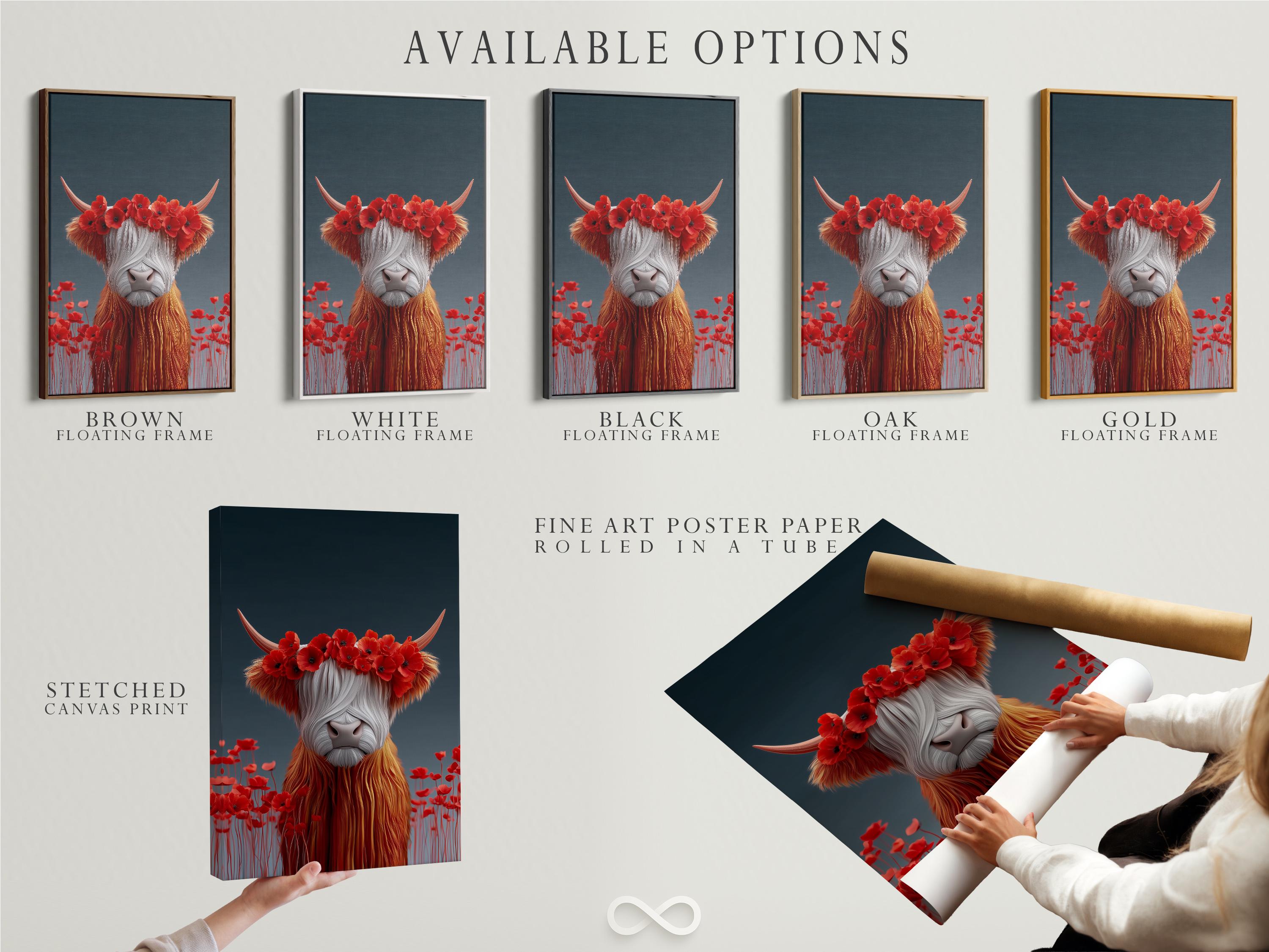 Room mockup featuring a framed stylised Highland cow with red poppy flower crown