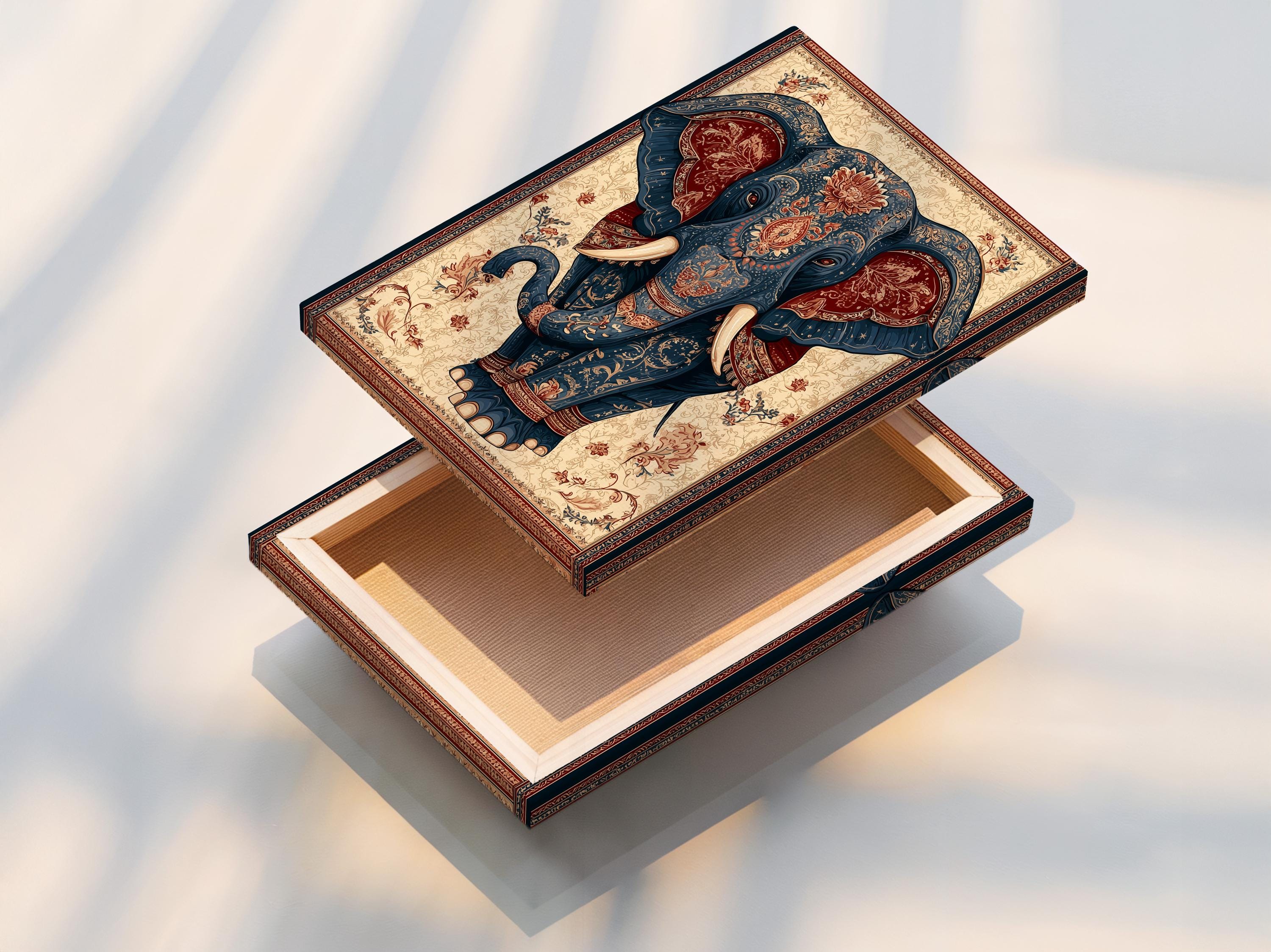 Elephant portrait illustration in deep blue with beige tusks, framed by ornate floral border patterns detail view