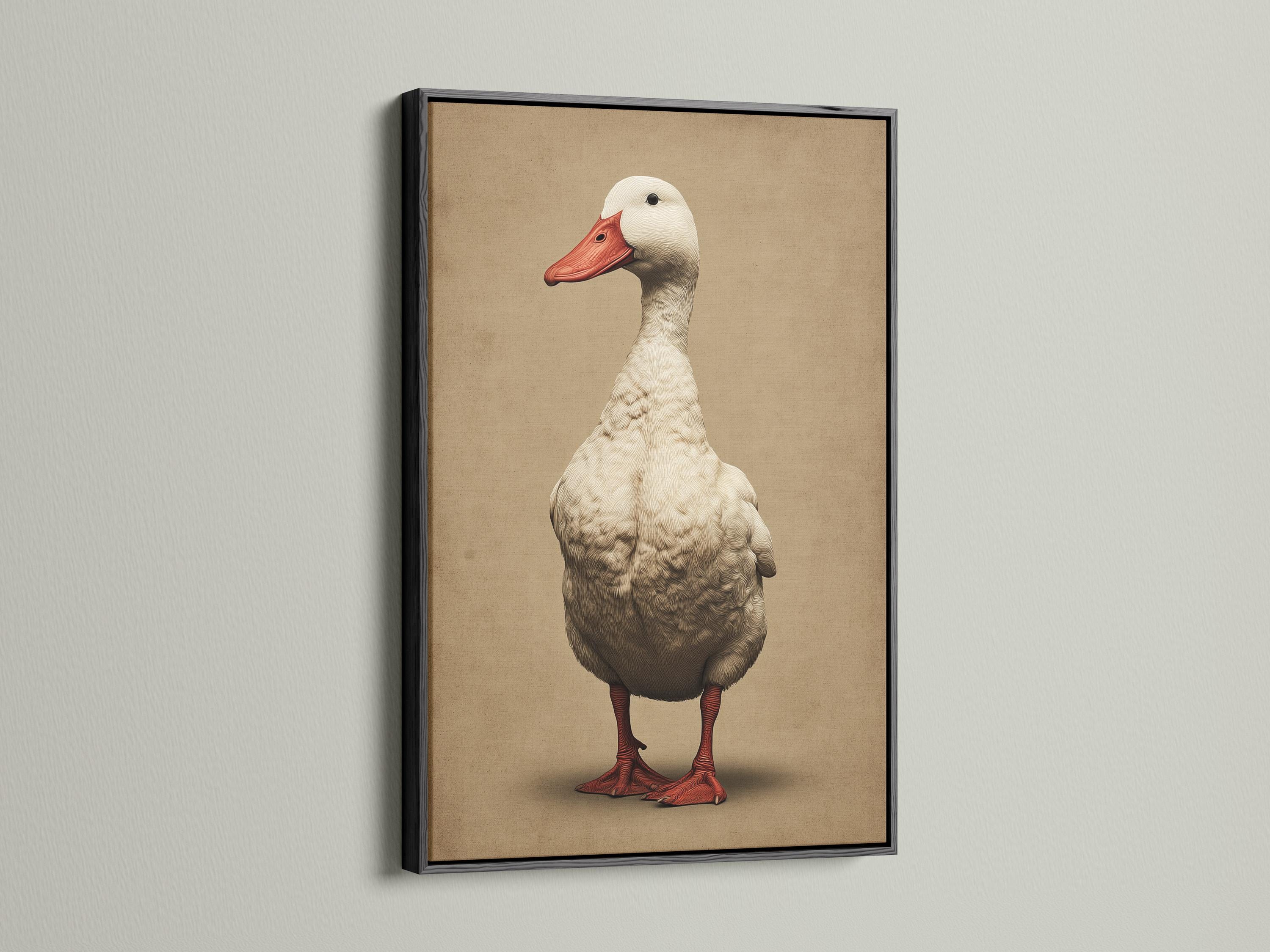A vintage-style goose portrait with a red beak and detailed feather shading stands in front of a warm beige background detail view