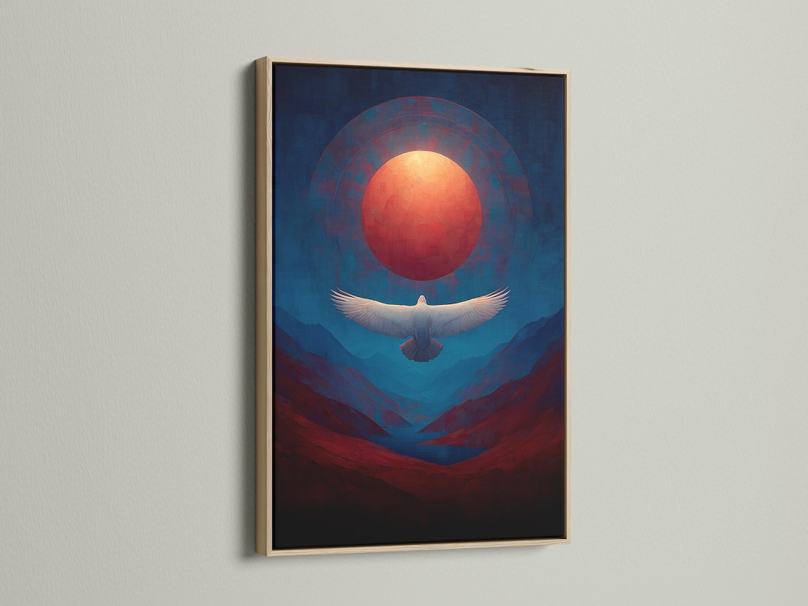 Artwork mockup showing a framed eagle over a blue and red mountain landscape with a glowing red sun