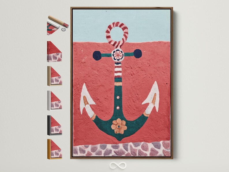 Illustrated nautical anchor with a red-and-white lifebuoy ring on a textured red background