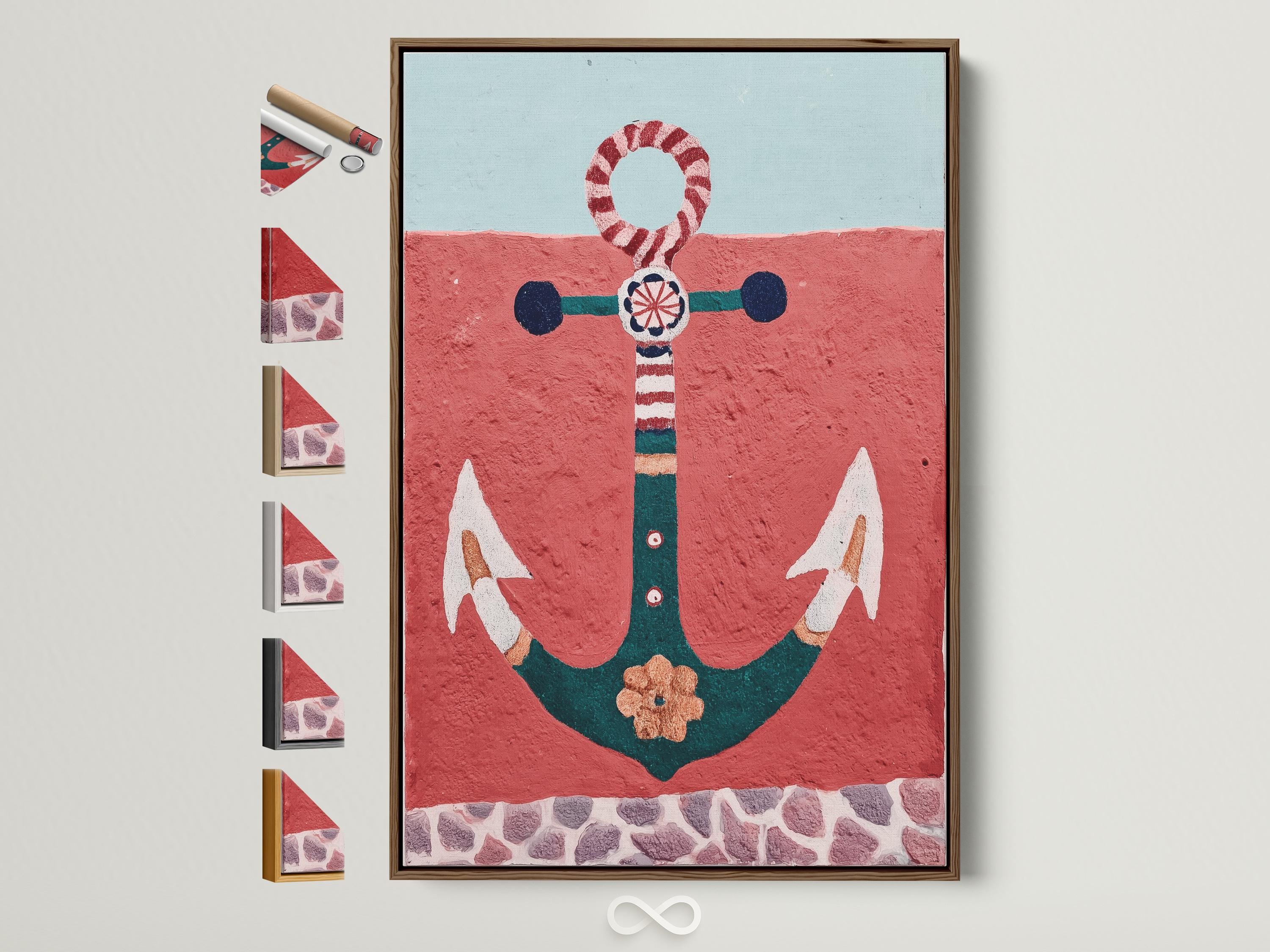 Illustrated nautical anchor with a red-and-white lifebuoy ring on a textured red background