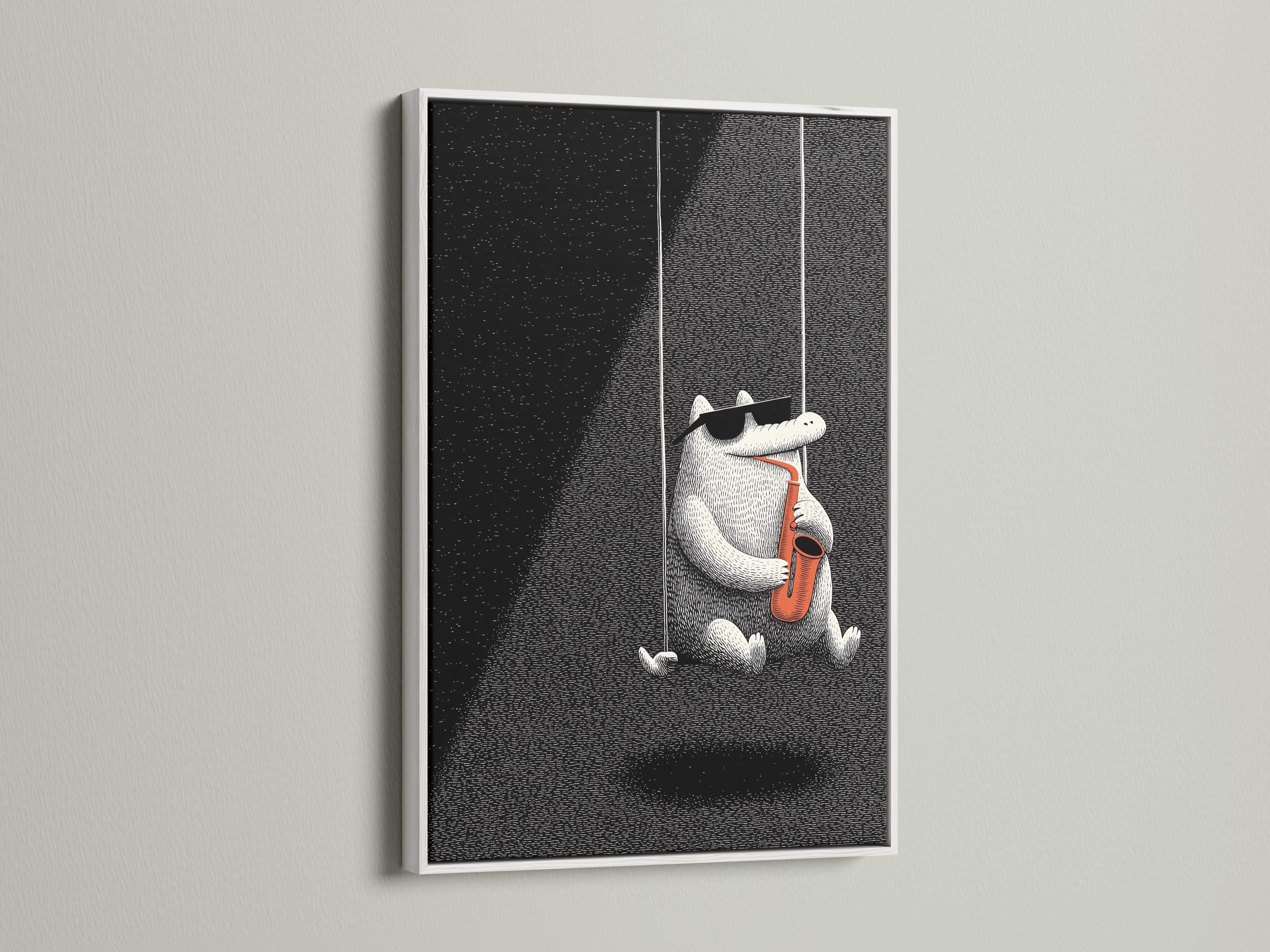 Black and white illustration of a cat holding and playing a saxophone with orange accents detail view