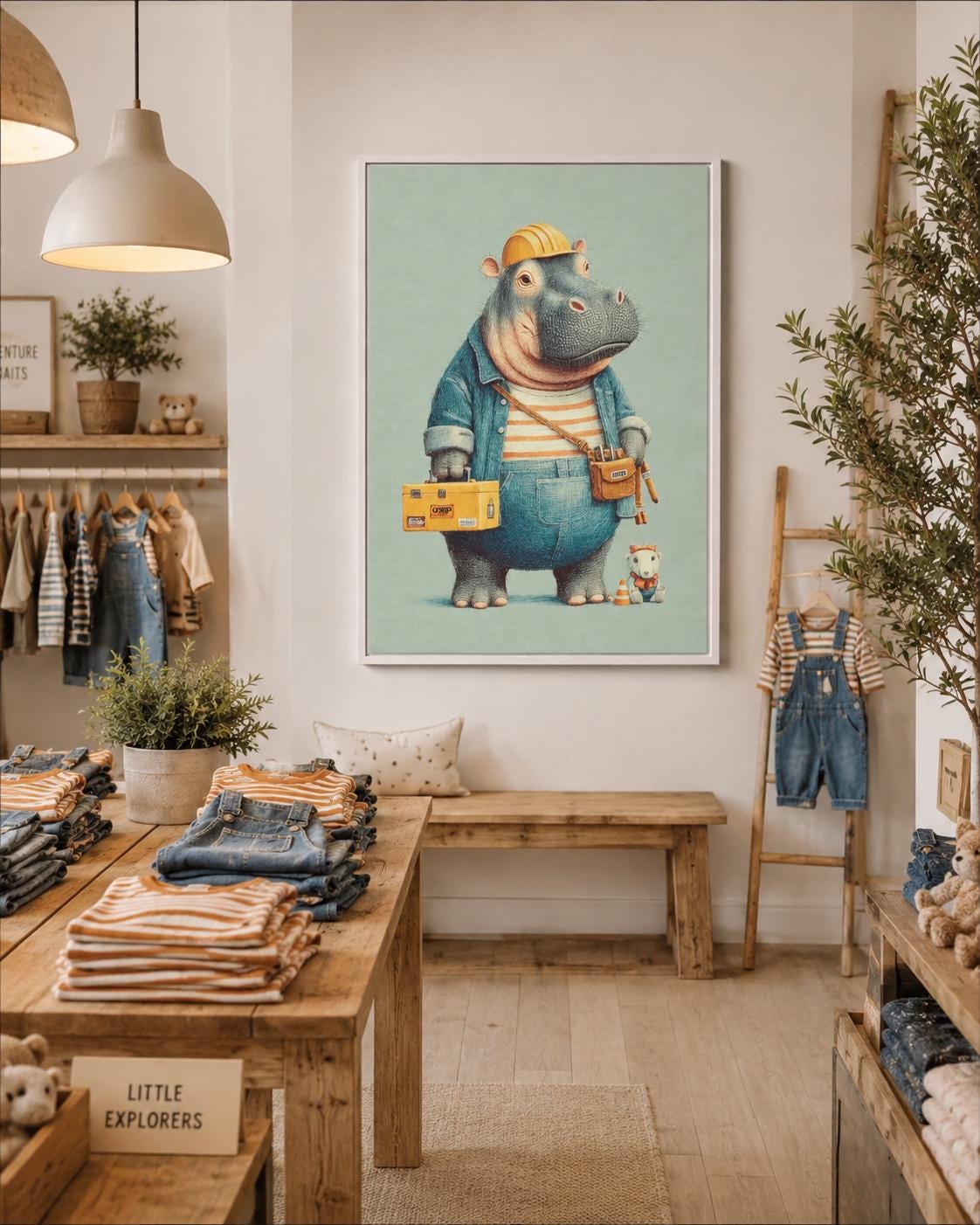 A family sitting on a bed looking at a framed hippo builder artwork above a shelf