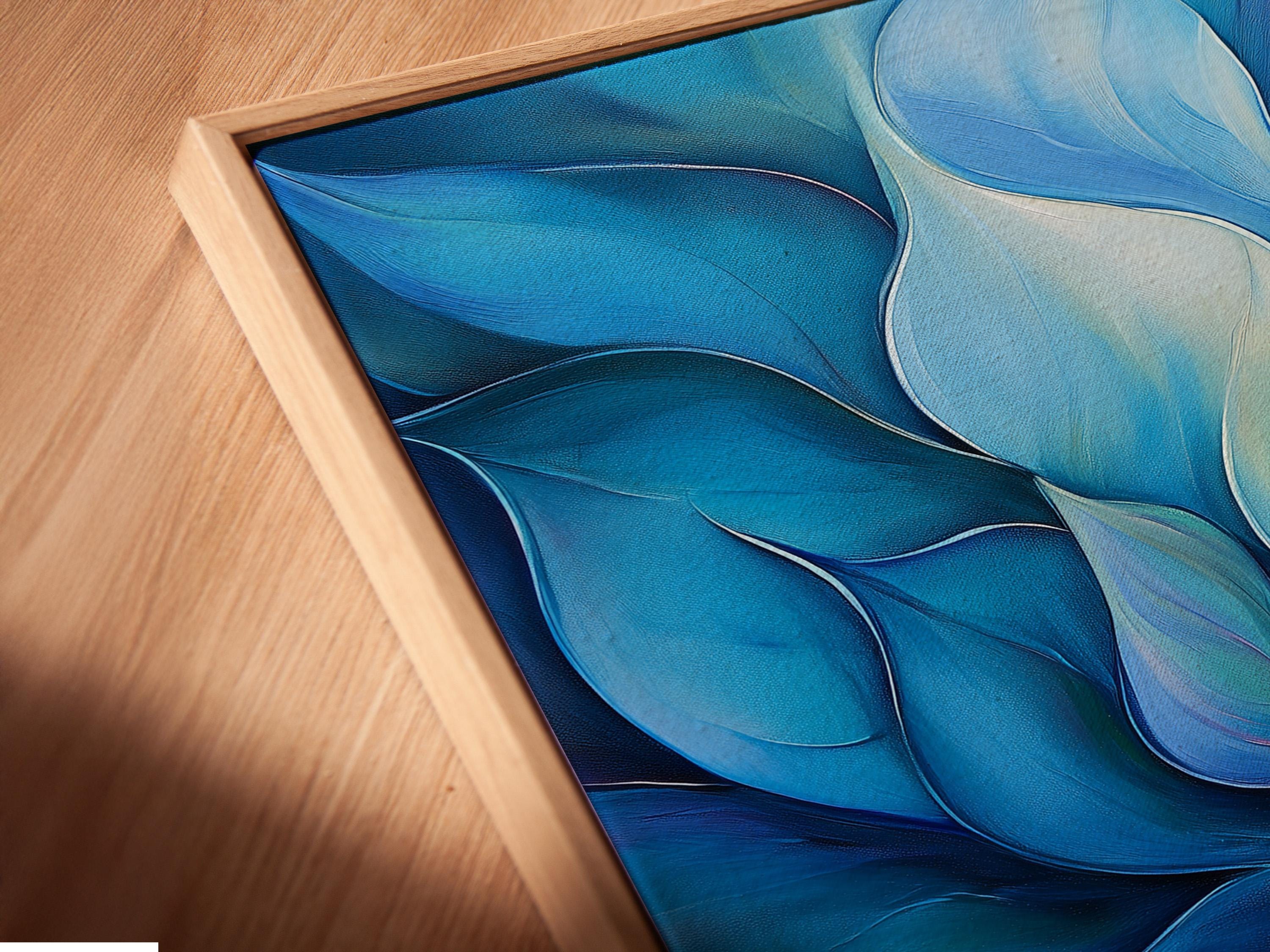 Blue abstract botanical artwork with layered petals and ivory highlights detail view